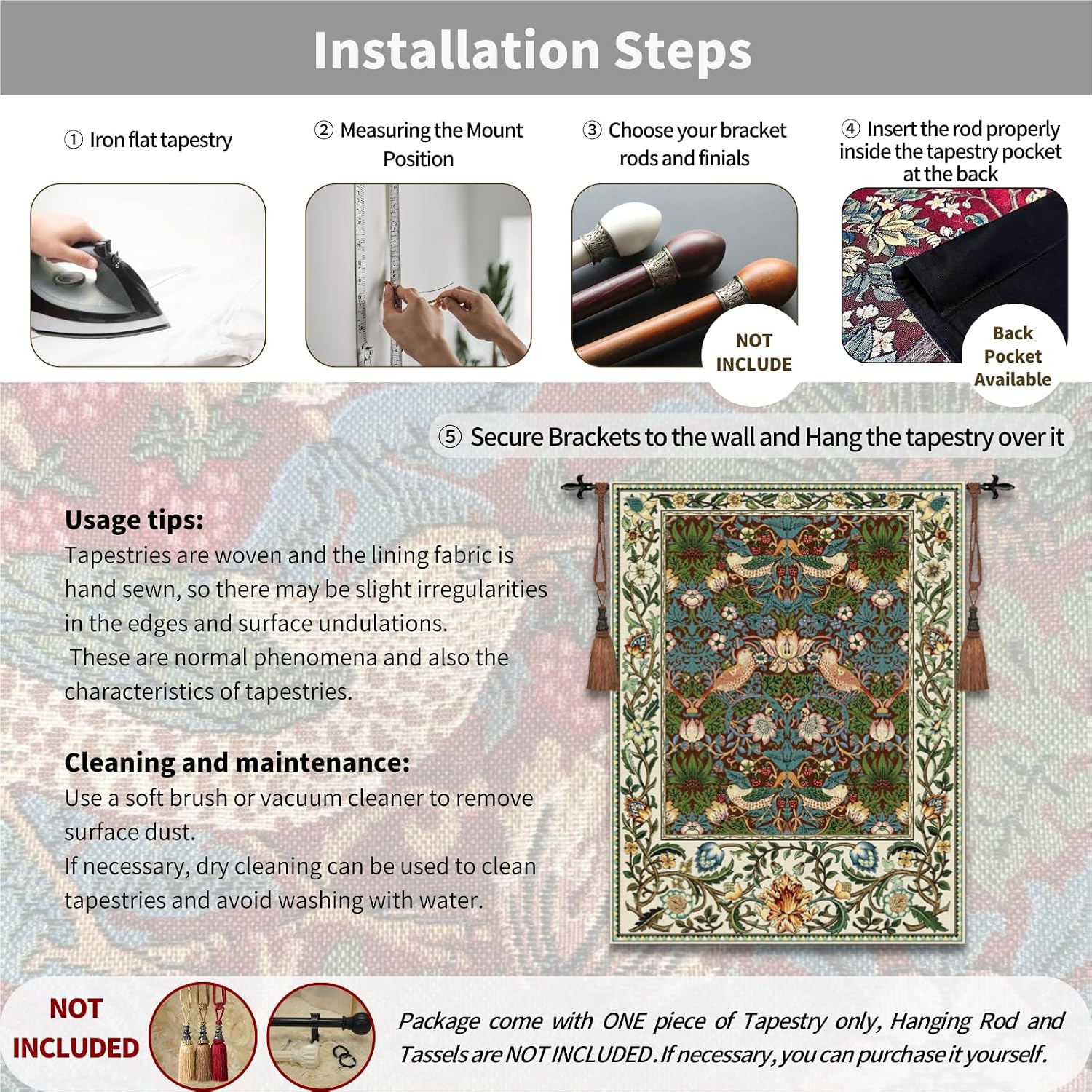 ORIMONY William Morris Strawberry Thief Tapestry - Vintage Floral Bird Art, Medieval Jacquard Woven Tapestry Wall Hanging for Living Room & Bedroom Size 27'x35' (Brown)