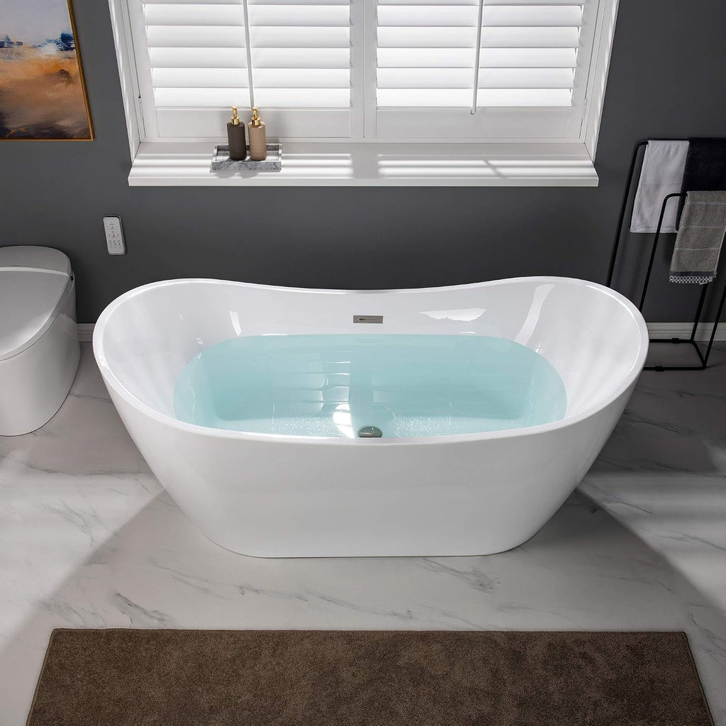WOODBRIDGE 67' Acrylic Freestanding Bathtub Contemporary Soaking Tub, White Acrylic (Brushed Nickel Drain/Overflow) with Pillow