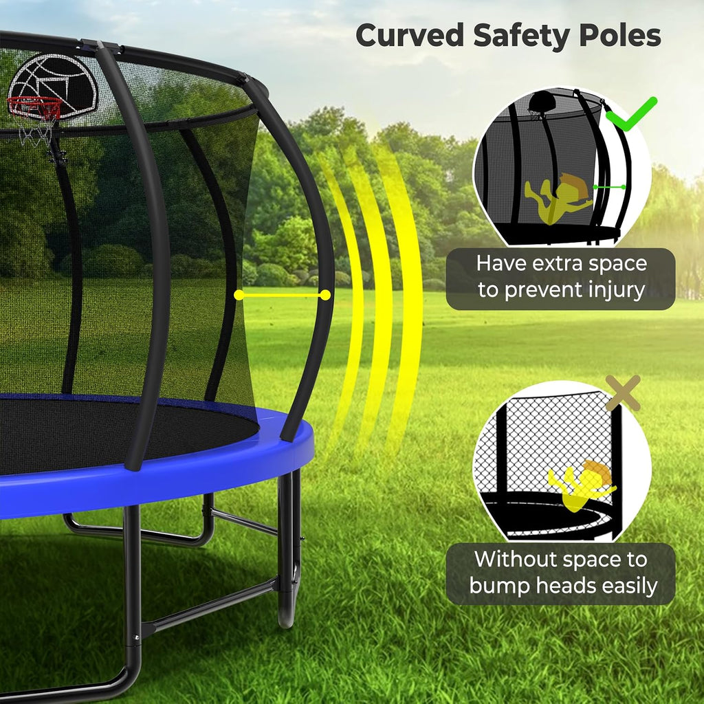 Lyromix 12 14 15 16FT Outdoor Trampolines for Kids and Adults, Pumpkin Trampolin with Curved Poles, Recreational Trampolin with Basketball Hoop and Safety Enclosure Net for Kids and Adults