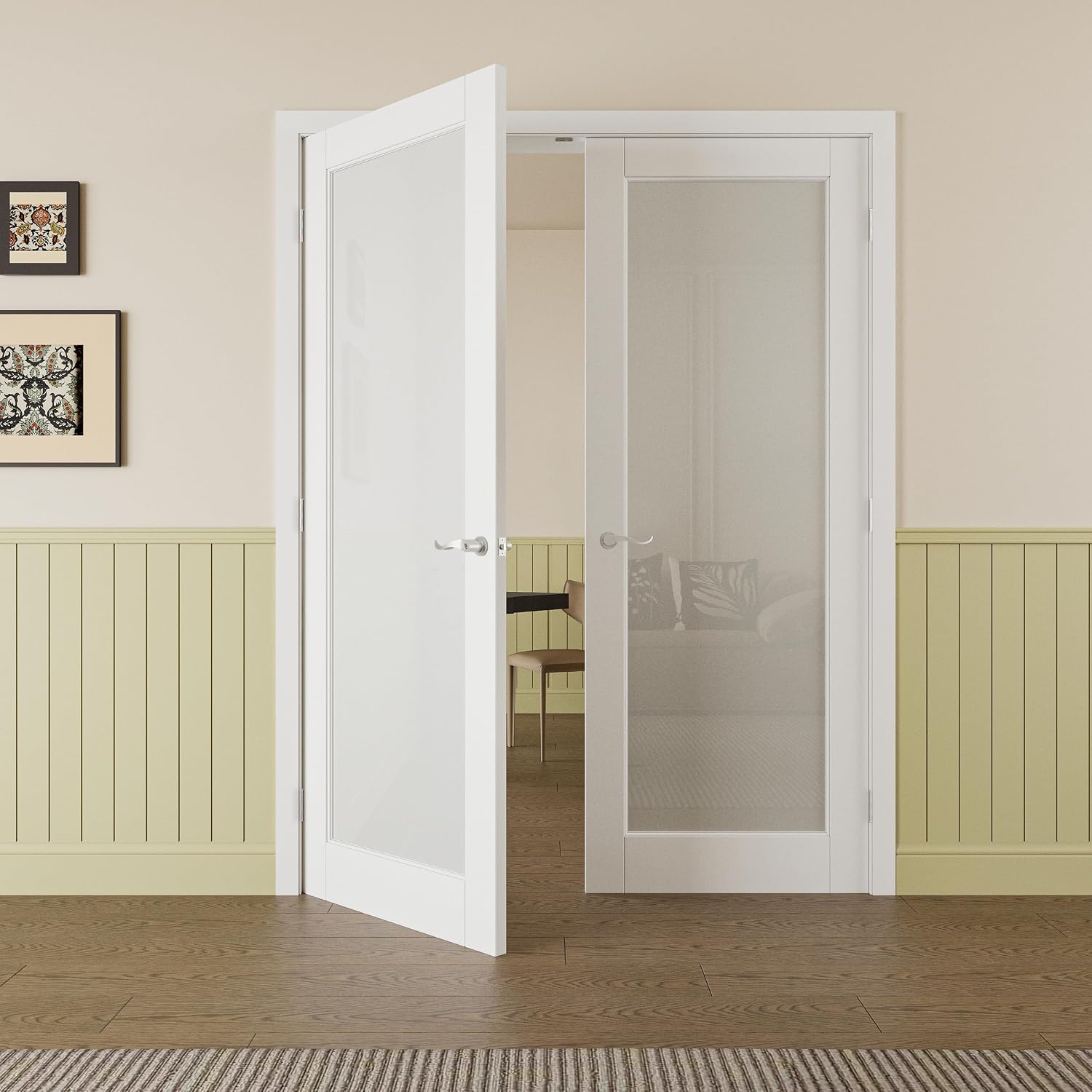 Prehung French Door 60' x 80' (2x30 in), Tempered Frosted Glass Door Slabs with Jamb, Silver Hinges, 4 Levers & Latch, Solid Core Interior Door, Pre-Finished & Paintable, MDF Double Doors Interior