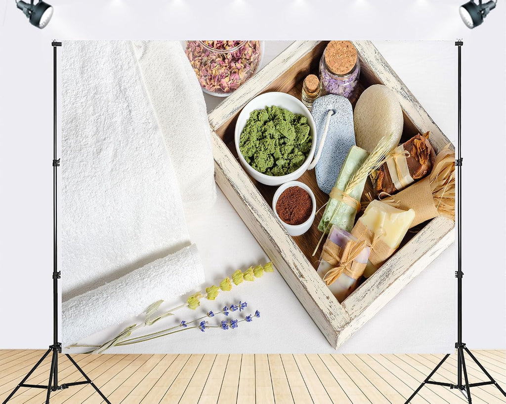 Trykid 20x10ft Natural Spa Essentials Backdrop Organic Calming Atmosphere Photography Background Wellness Retreat Self Care Event Backdrop Party Decoration Photo Booth Prop Fabric