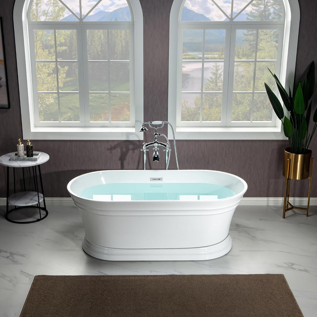 WOODBRIDGE 59'Freestanding White Acylic Soaking Bathtub with Chrome Drain and Overflow,B1536-C