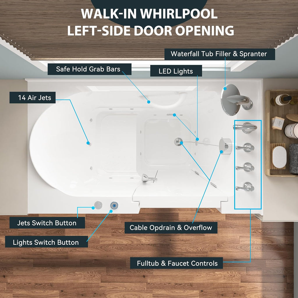 FerdY 52' x 30' Walk-in Whirlpool Bathtub with Right-Side Door Opening, 14 Air & Water Jets, Quick Fill and Drain System, Shower Combo with Rectangular Soaking Bathtub in White, Floridian