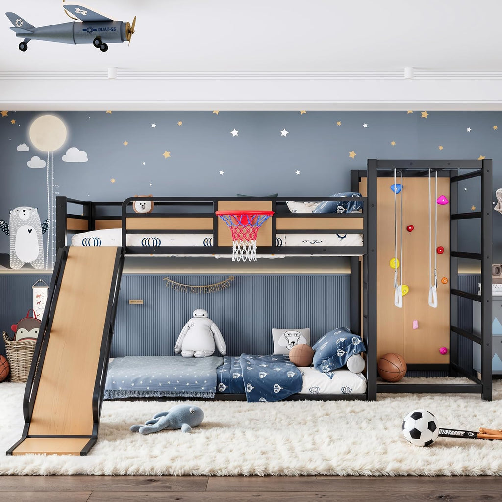 Bellemave Metal Twin XL Over Twin XL Bunk Bed Frame with Slide,Floor Bunk Bed and Basketball Hoop,Pull-up Rings and Climbing Wall,Heavy Duty Bunk Beds with Bookshelves for Kids Girls Boys,Natural
