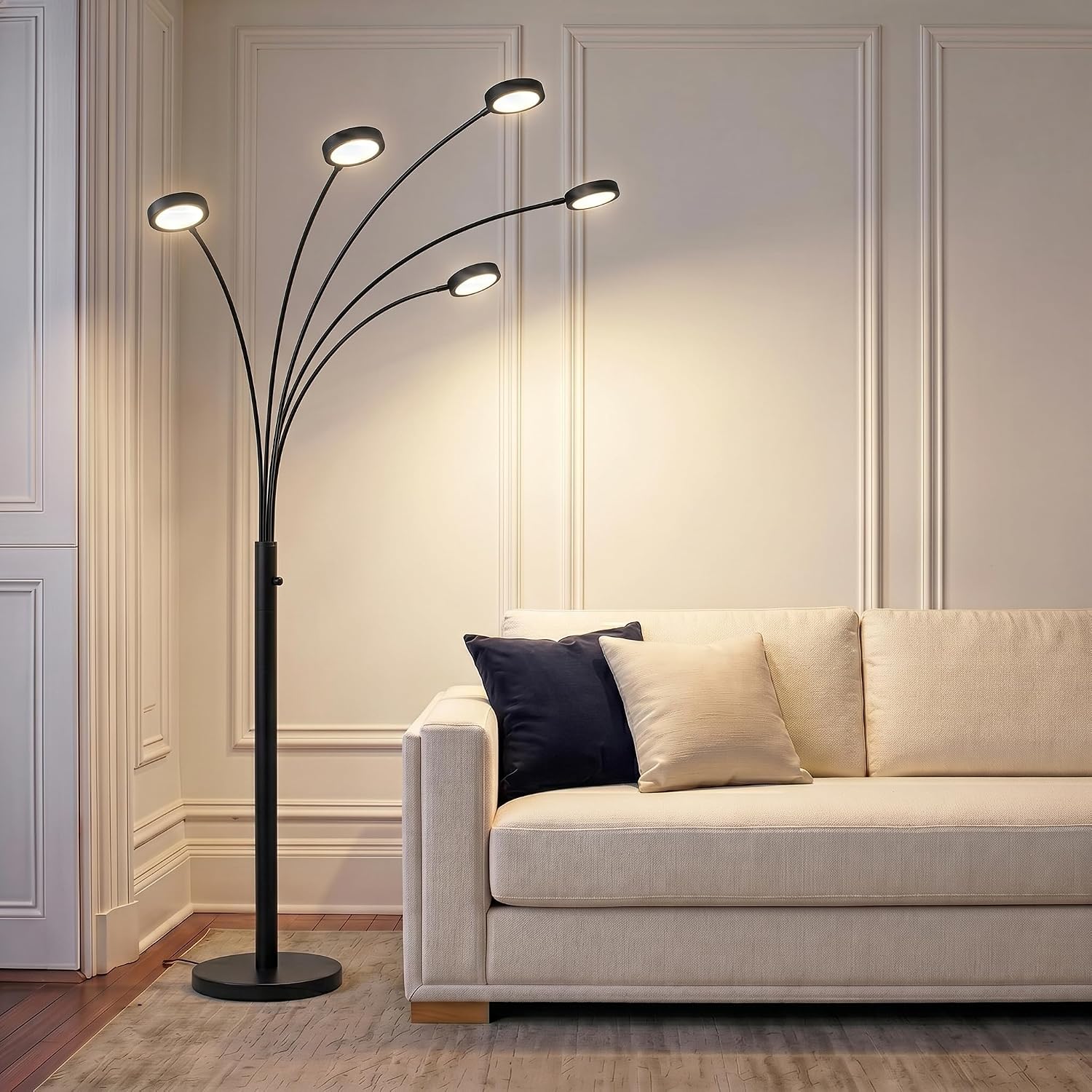 Brightech Orion Arc Floor Lamp for Living Room, Dimmable Tree Floor Lamp with 5 Adjustable Arms, Multi-Head Standing Lamp with Flexible Rotating LEDs for Bedroom - Bright Hanging Lighting - Black