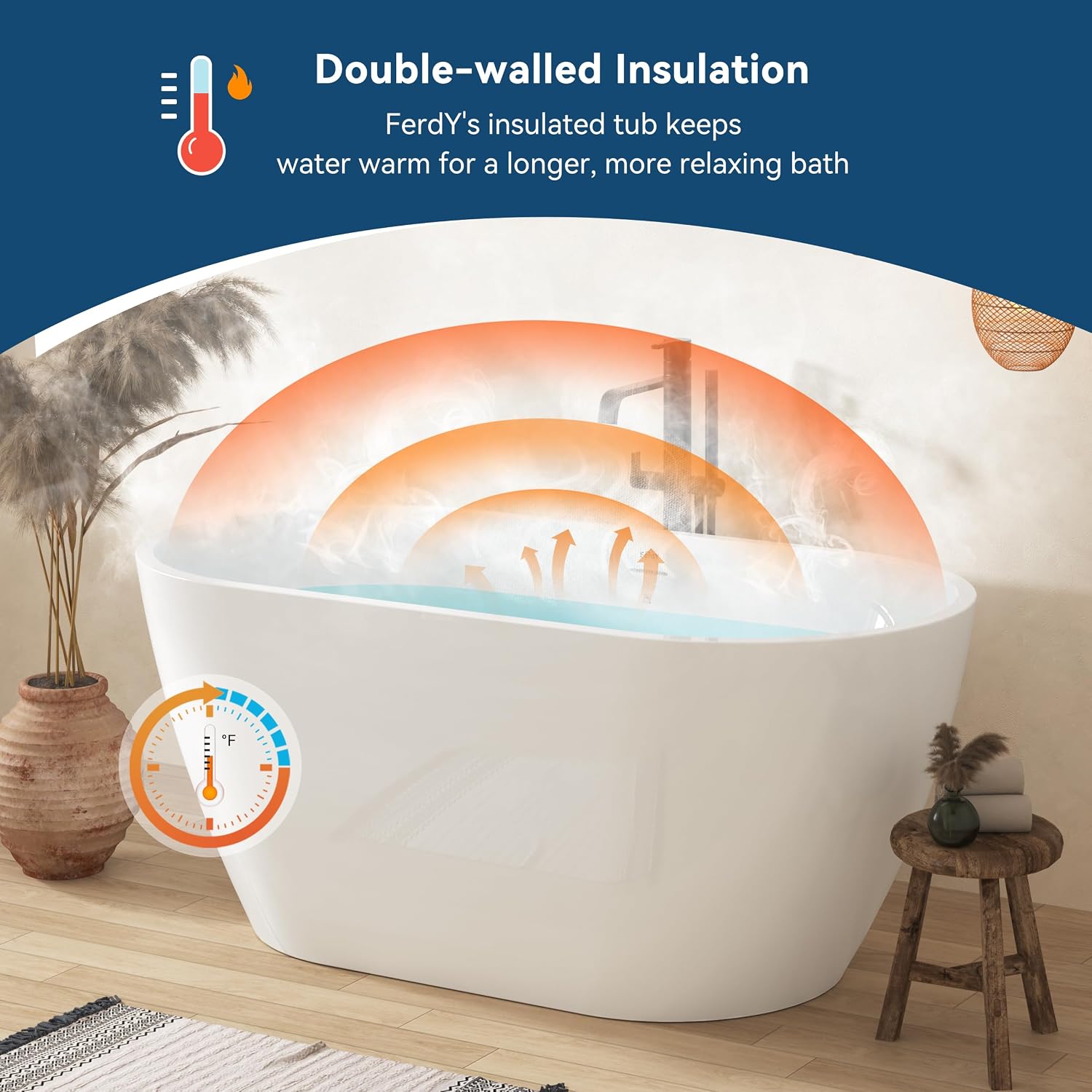 FerdY 55' Acrylic Freestanding Bathtub, Contemporary Soaking tub with Polished Gold Drain & Overflow, Elegant Oval Shape, cUPC Certified, Bali