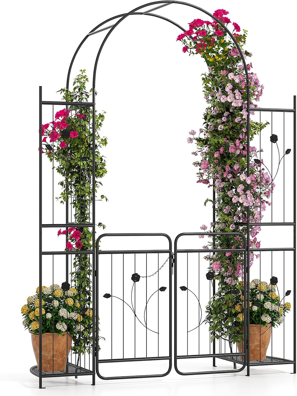 HAPPYGRILL 87' Garden Arbor with Gate, Garden Arch with Planter Shelves, Climbing Trellises, Metal Arbor Archway for Outdoor Climbing Plant Vine, Wedding Arch for Ceremony Backyard Patio Party Decor