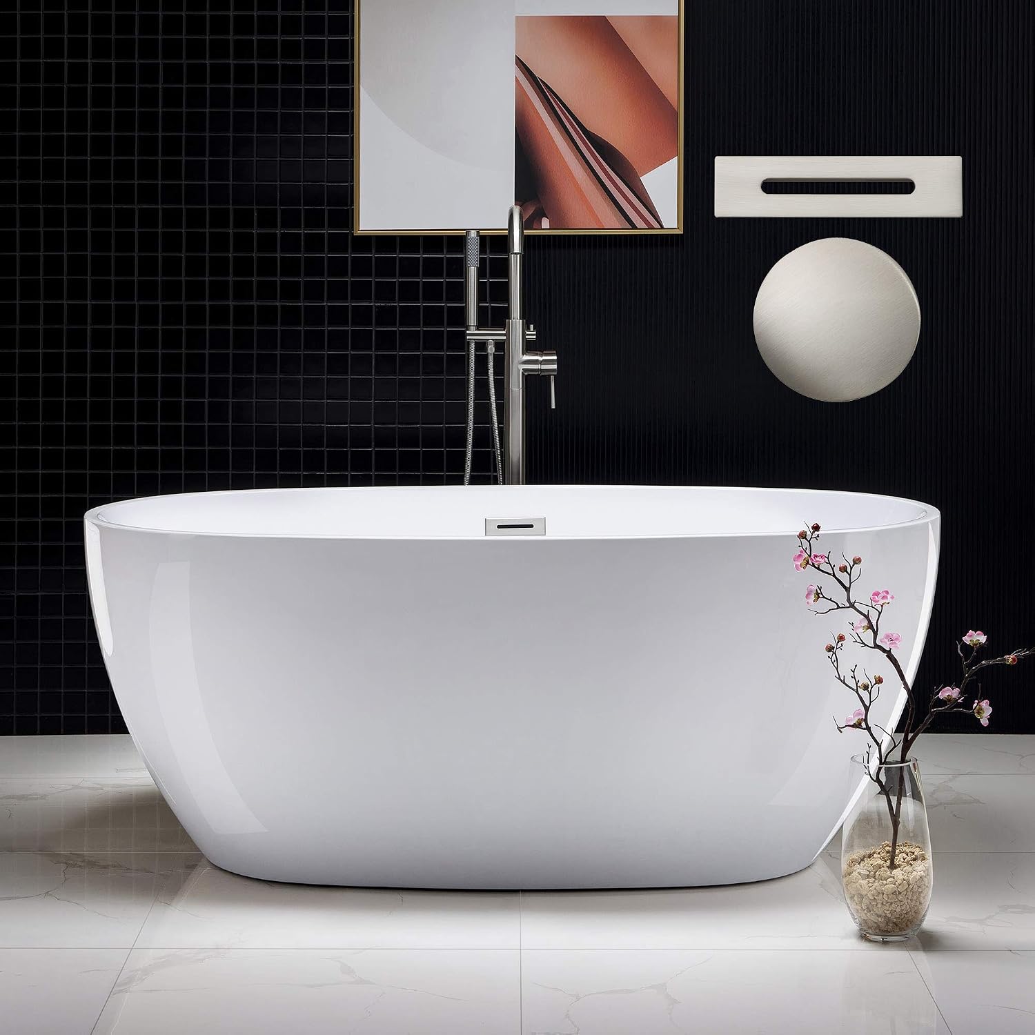 WOODBRIDGE 59'Freestanding White Acylic Soaking Bathtub with Brushed Nickel Drain and Overflow,BTA1518 -B/N-Drain &O