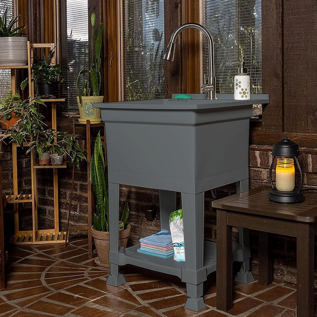 UTILITYSINKS Freestanding Utility Tub Sink with Quick Connect Drain, 24 x 24', Gray - Portable and Compact Sink with Faucet for Outdoor Kitchen, Laundry Room, Garage, and Basement