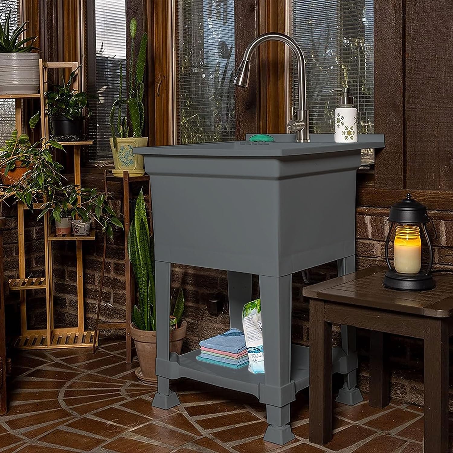 UTILITYSINKS Freestanding Utility Tub Sink with Quick Connect Drain, 24 x 24', Gray - Portable and Compact Sink with Faucet for Outdoor Kitchen, Laundry Room, Garage, and Basement
