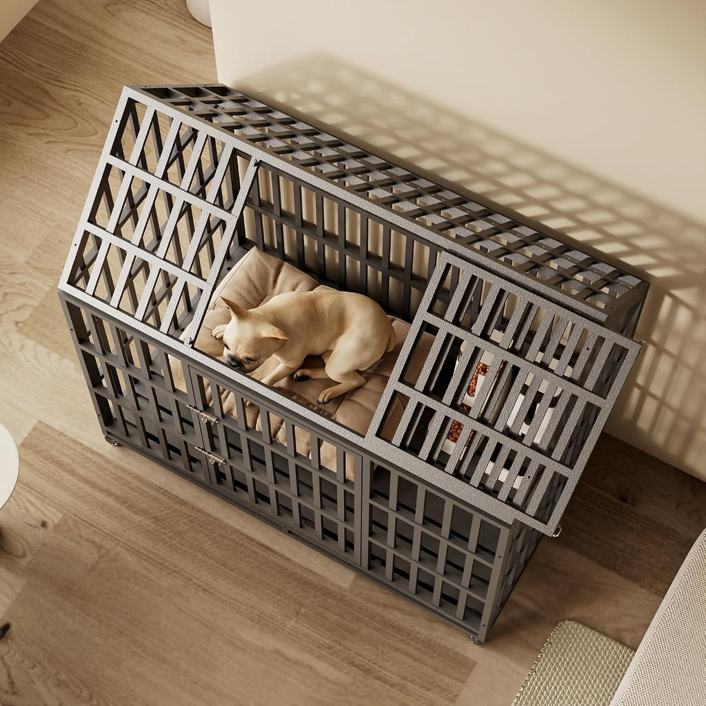 Extra Large Dog Crate Cage, 55'' Heavy Duty Galvanized Iron Dogs Cage Kennels Crates Furniture with Front Door, Top Door and 4 Lockable Wheels for Patio, Home, Backyard