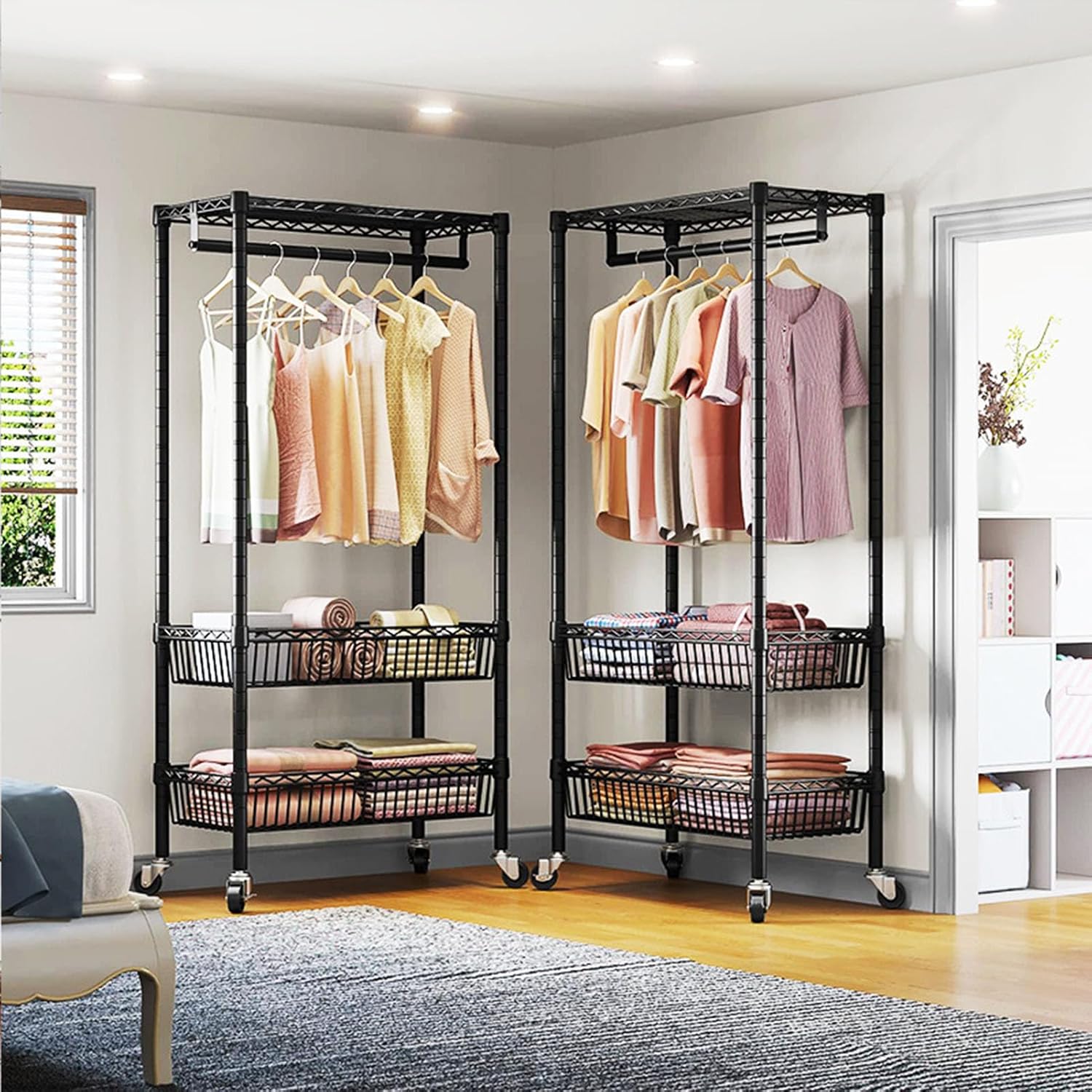 Heavy Duty Clothes Rack, Rolling Garment Rack 3 Tier Adjustable Wire Shelving with Hanger Rod&Side Hooks Clothing Racks for Hanging Clothes Clothes Storage and Display