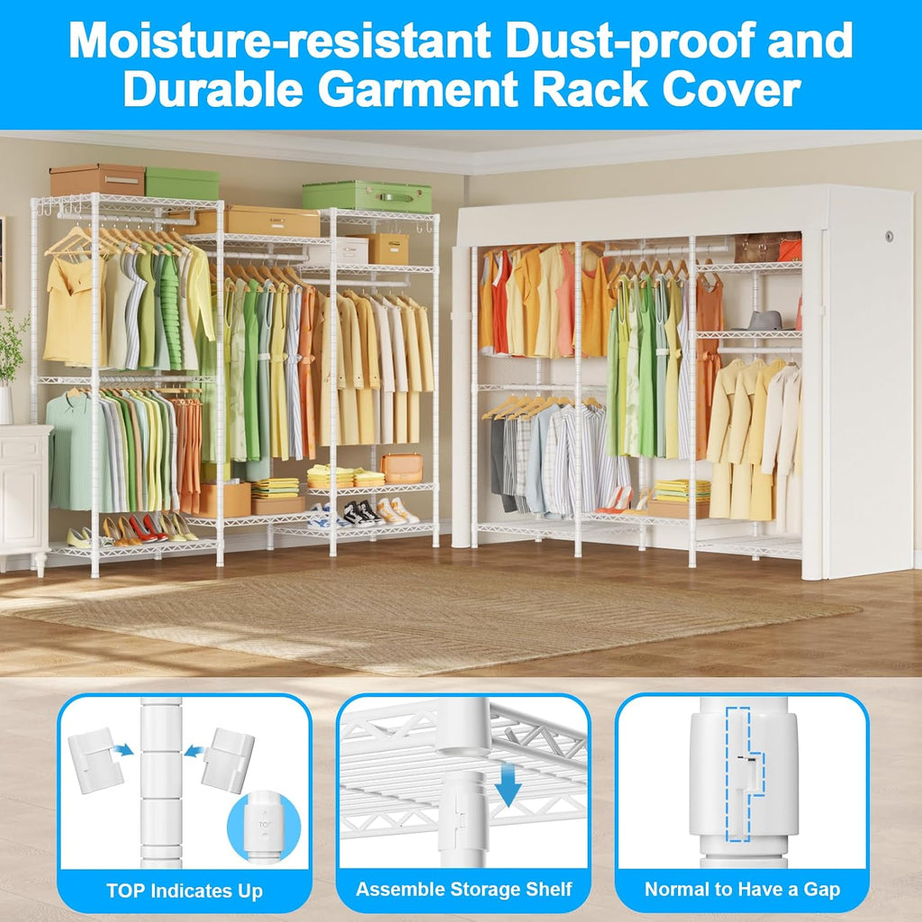 Ulif E12C and E13C (White Clothing Rack with White Dustproof Cover) Heavy Duty Closet Organizer System, Freestanding Clothing Racks for Hanging Clothes，Adjustable Garment Rack