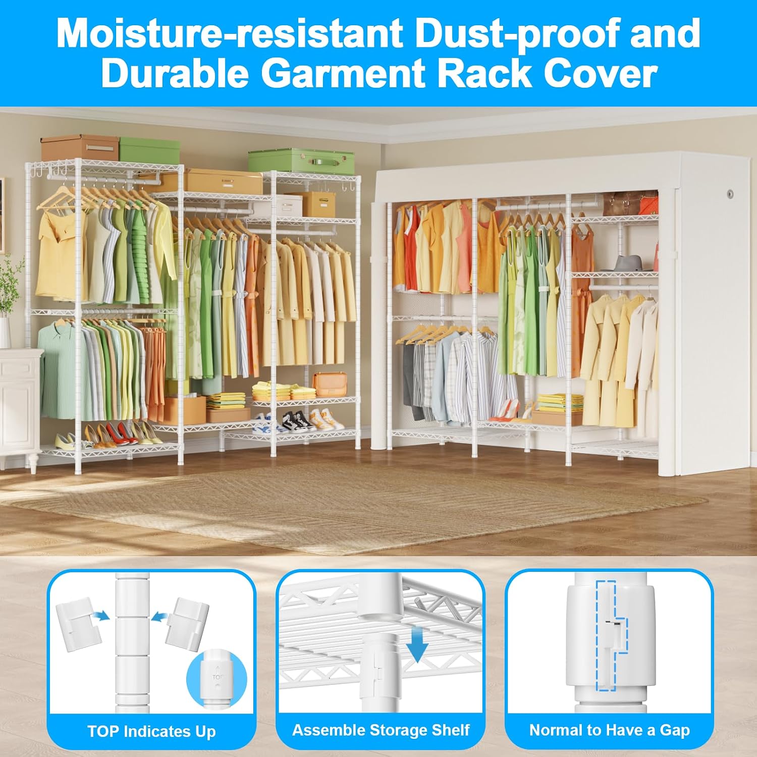 Ulif E12C and E13C (White Clothing Rack with White Dustproof Cover) Heavy Duty Closet Organizer System, Freestanding Clothing Racks for Hanging Clothes，Adjustable Garment Rack