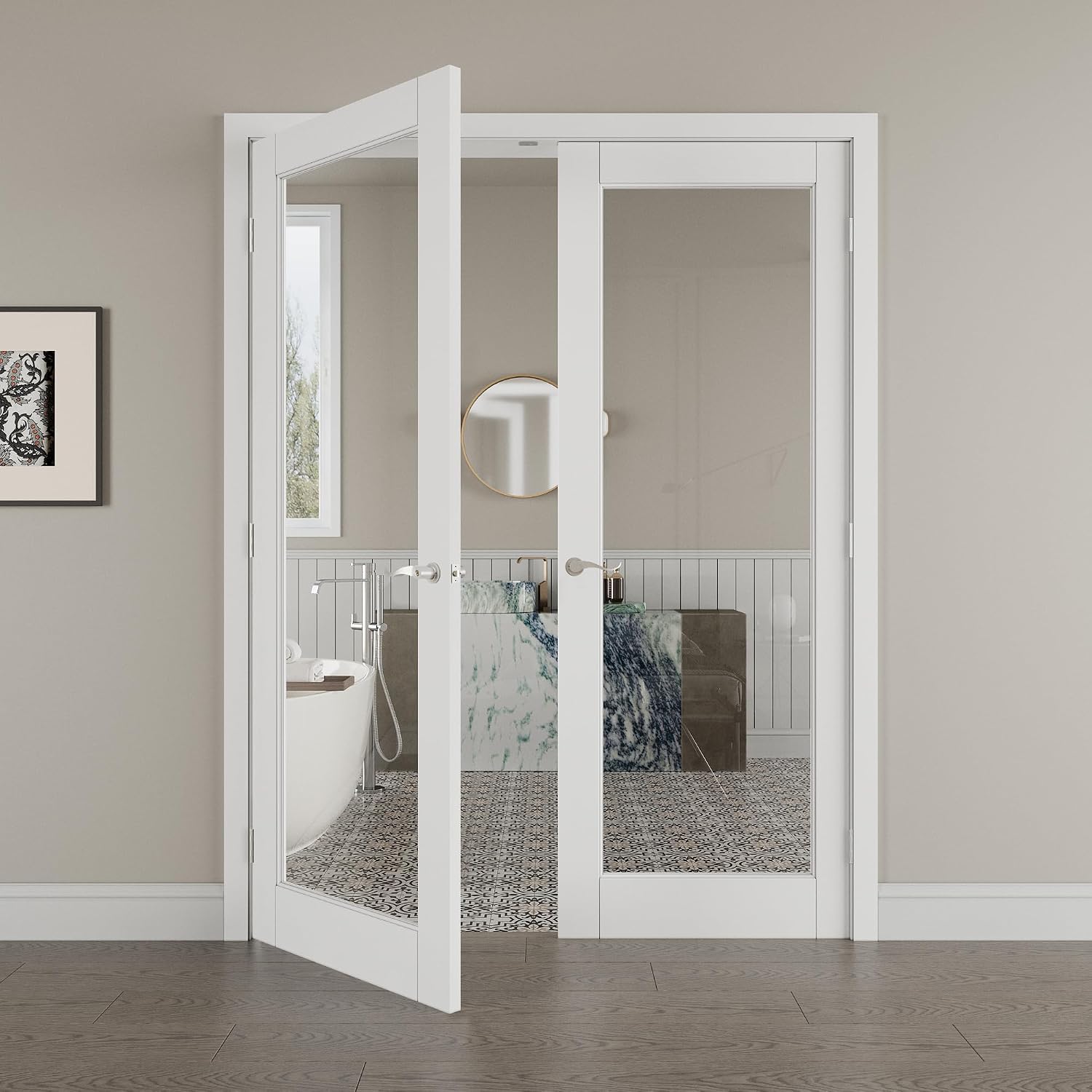64' x 80' French Doors Interior (Double 32' x 80' Clear Glass Door with Silver Hinge Prehung Jamb Kit), Pre-Finished & Paintable, Prebuilt Home Door Panels & Assembly Required Jamb