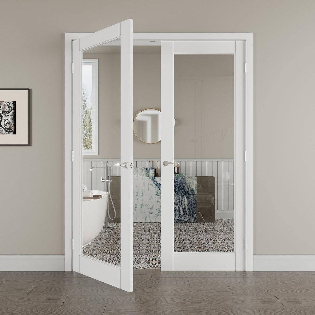 60' x 80' French Doors Interior (Double 30' x 80' Clear Glass Door with Silver Hinge Prehung Jamb Kit), Pre-Finished & Paintable, Prebuilt Home Door Panels & Assembly Required Jamb