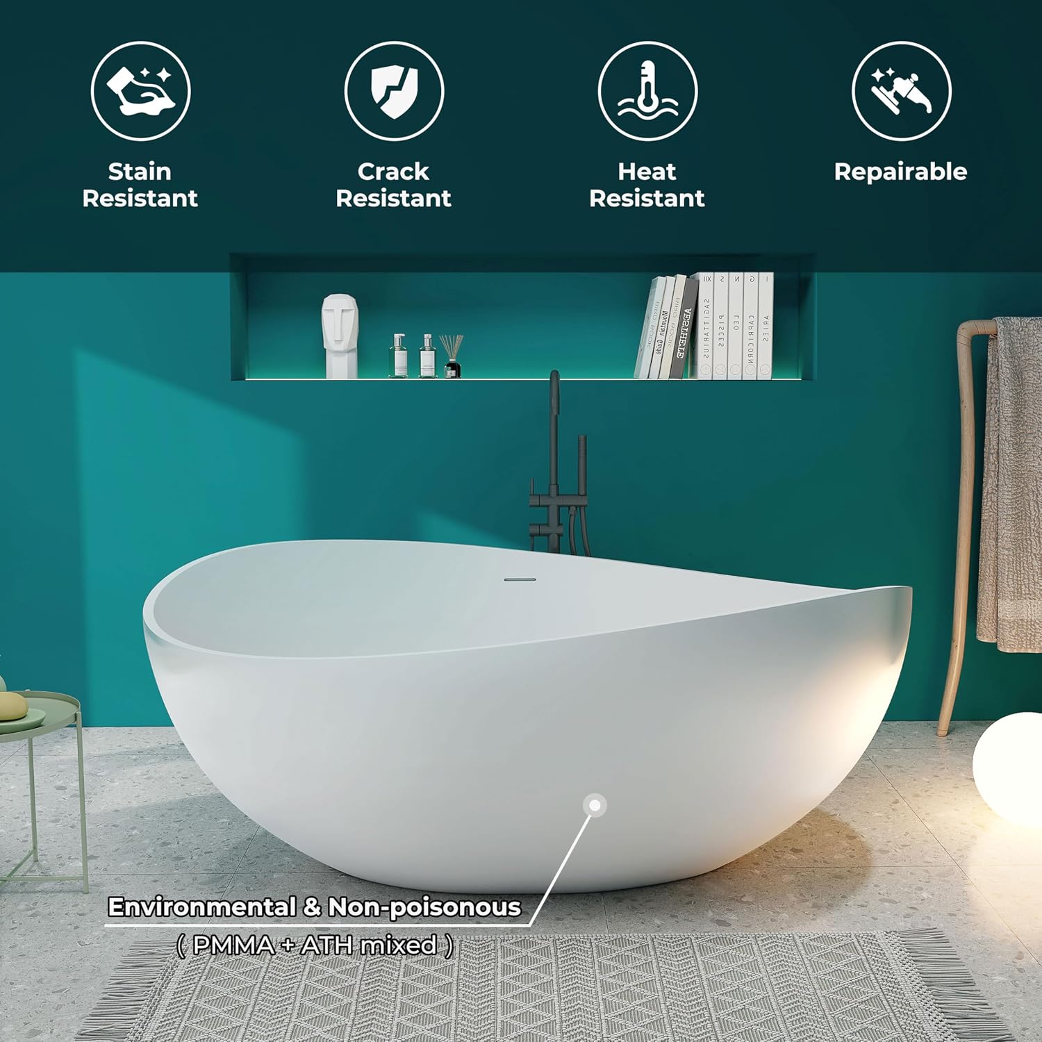 SJ STAR&JANE 63' x 38' Solid Surface Freestanding Bathtub, Oval Soaking Tub with Overflow and Pop-up Drain for Bathroom Matte Black