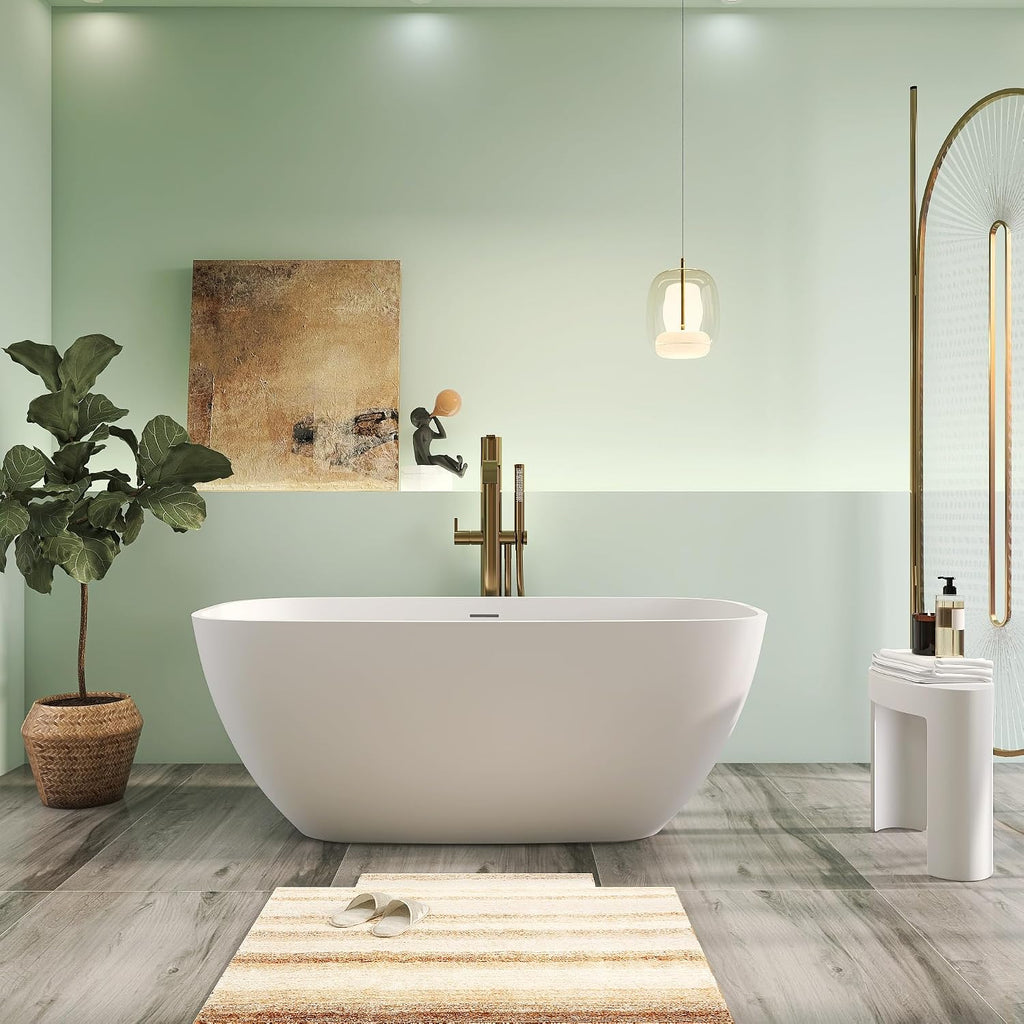 59' Premium Matte White Solid Surface Freestanding Bathtub, Upgraded Modern Design Stand Alone Bath Tub with Overflow and Pop-up Drain