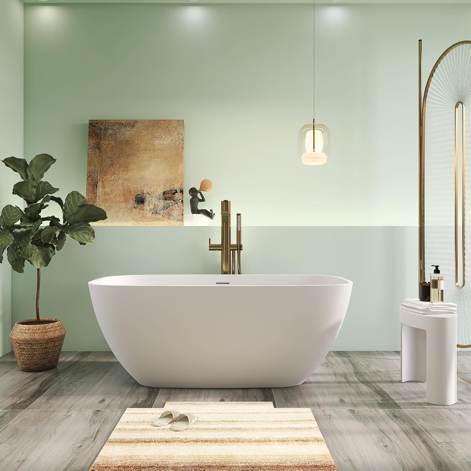 59' Premium Matte White Solid Surface Freestanding Bathtub, Upgraded Modern Design Stand Alone Bath Tub with Overflow and Pop-up Drain