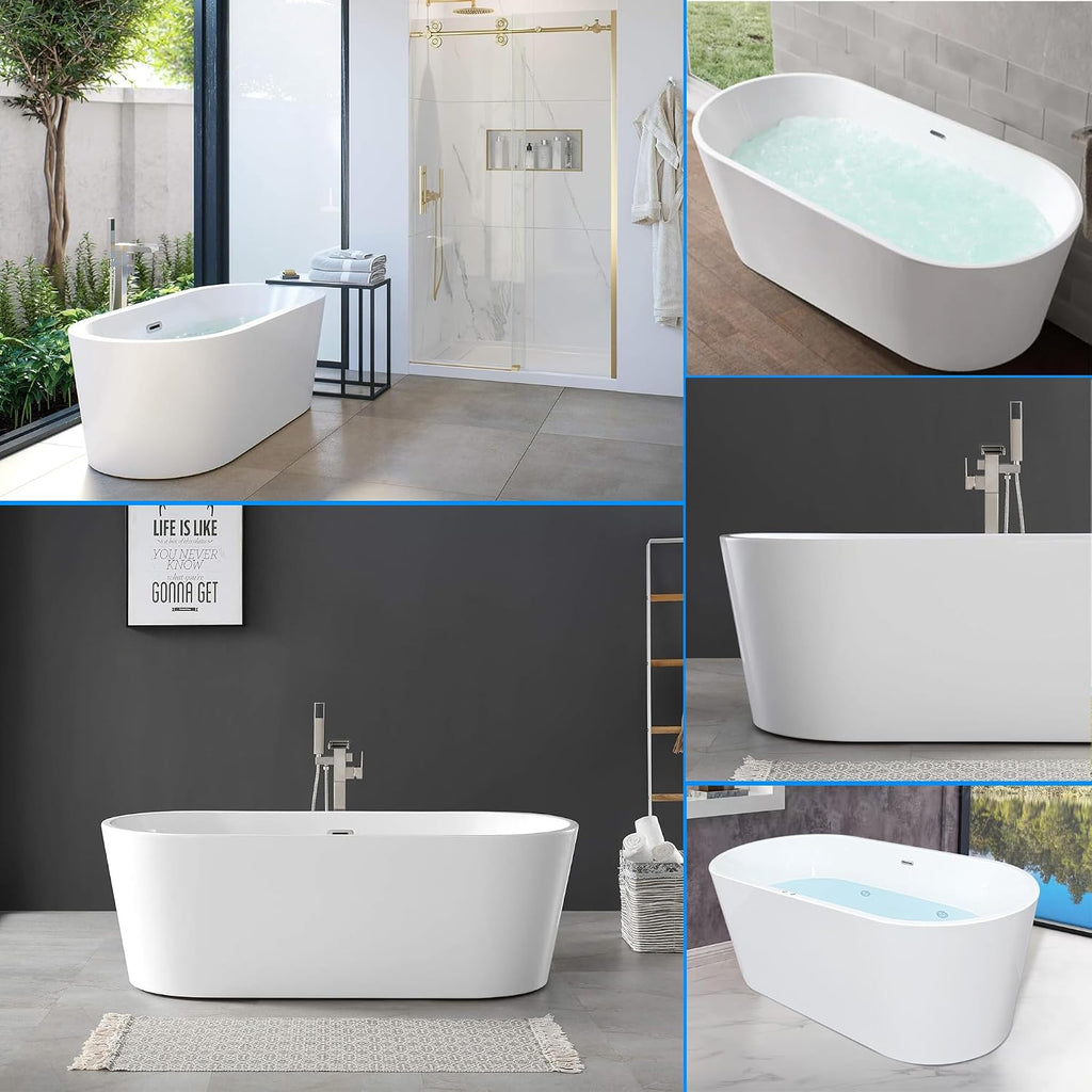 67' Acrylic Freestanding White Acrylic Soaking Bathtub with Brushed Nickel Drain and Overflow, LED Control Panel, Air Bubble, Easy Installation