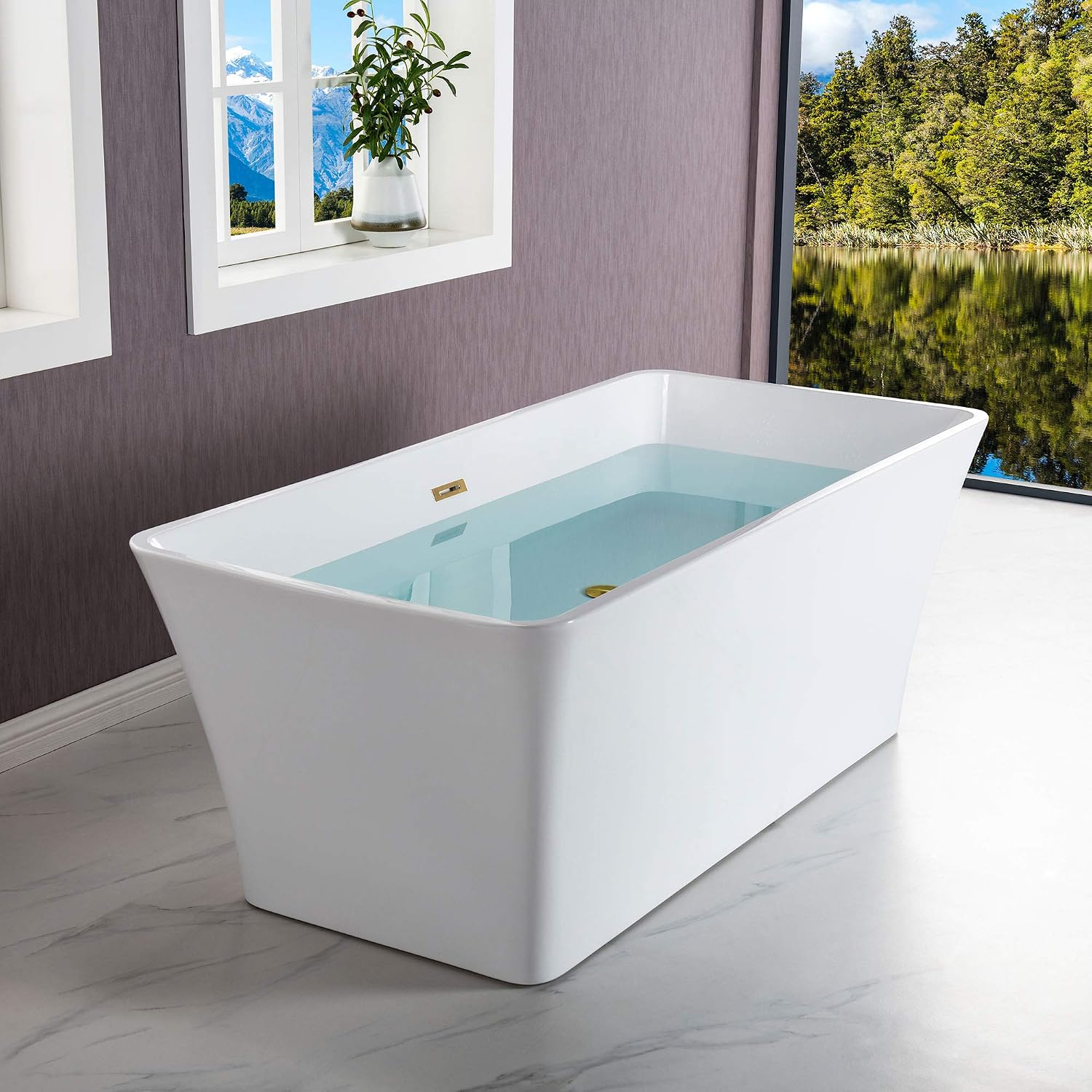 WOODBRIDGE 59'Freestanding White Acylic Soaking Bathtub with White Pillow,Drain and Overflow inBrushed Gold,BTA1509 -BG-Drain &O+ Pillow