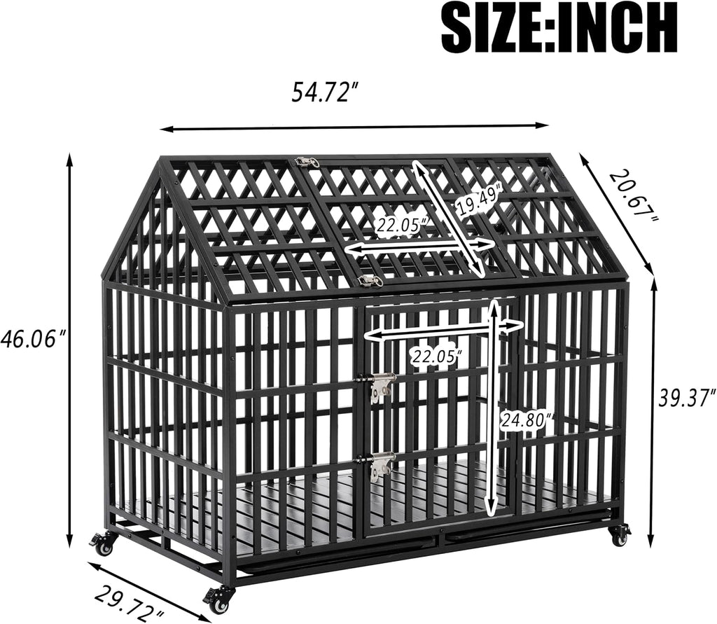 Extra Large Dog Crate Cage, 55'' Heavy Duty Galvanized Iron Dogs Cage Kennels Crates Furniture with Front Door, Top Door and 4 Lockable Wheels for Patio, Home, Backyard