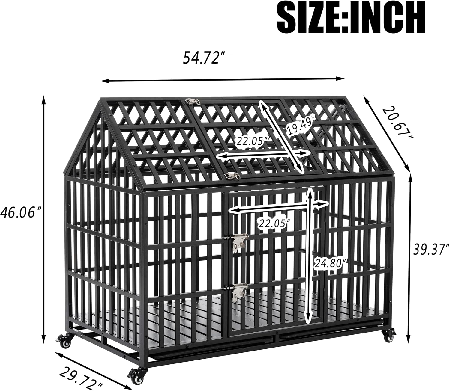 Extra Large Dog Crate Cage, 55'' Heavy Duty Galvanized Iron Dogs Cage Kennels Crates Furniture with Front Door, Top Door and 4 Lockable Wheels for Patio, Home, Backyard