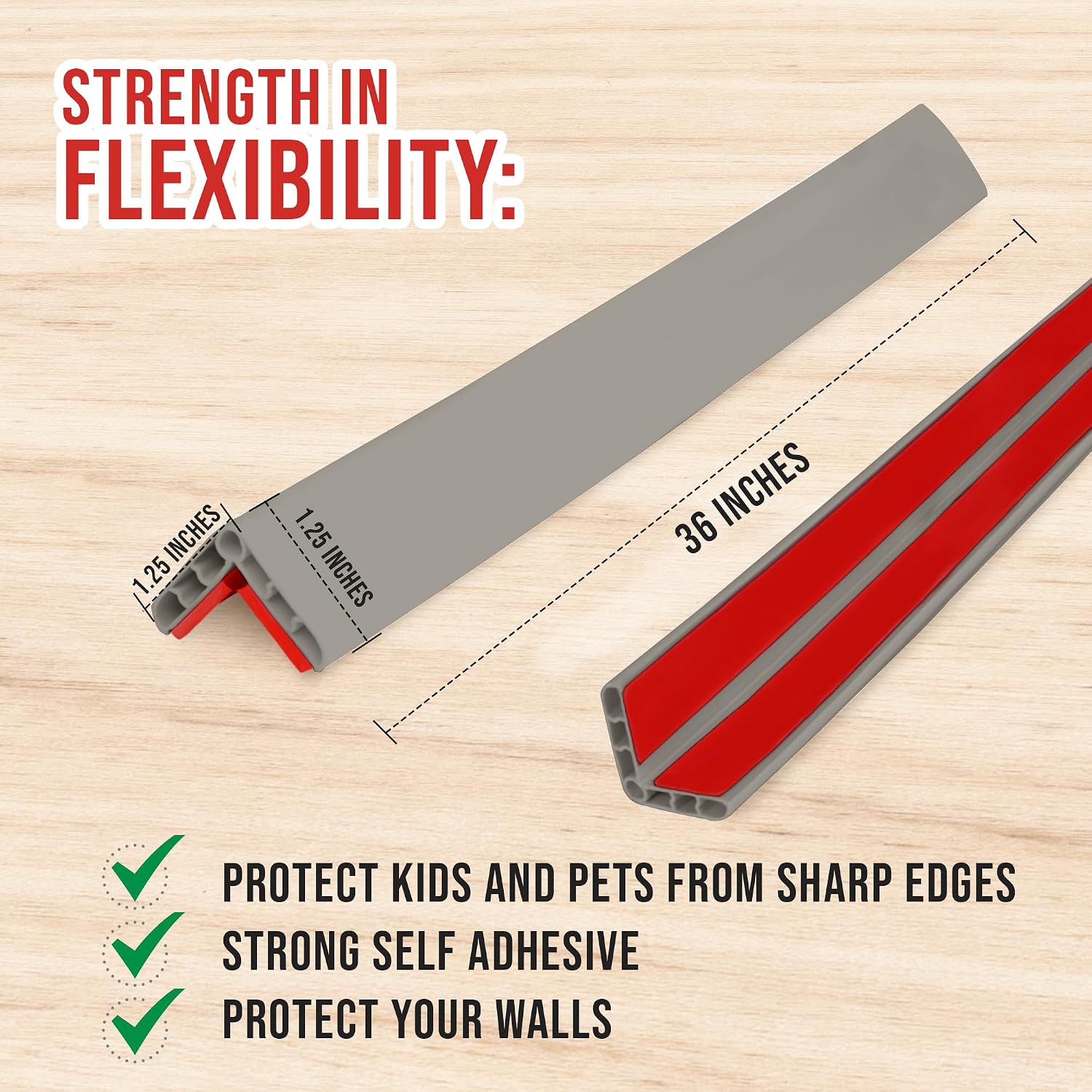 Rubber Bond Wall Corner Guard Edge Protector - 1x1x36 inch Baby Proofing Corner Guards - Self-Adhesive Furniture Edge Strips for Home and Office (15 Pack, Gray)