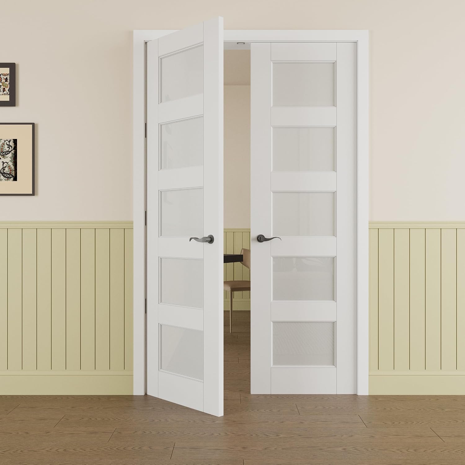 Prehung French Door 60' x 80' (2x30 in), Tempered Frosted Glass Door Slabs with Jamb, Black Hinges, 4 Levers & Latch, Solid Core Interior Door, Pre-Finished & Paintable, MDF Double Doors Interior