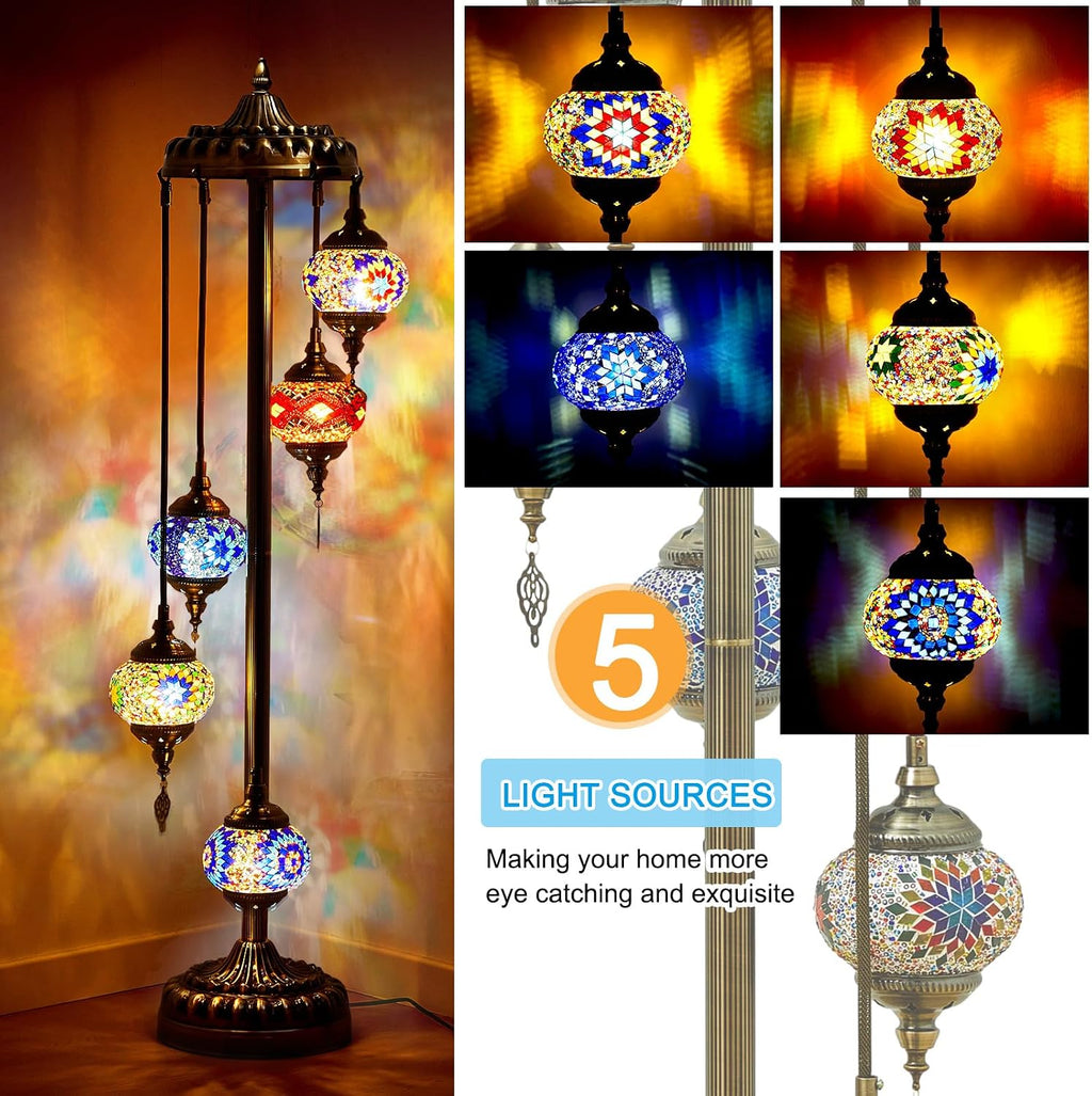 Hortsun Turkish Lamp Moroccan Floor Lamp Handmade Globe Living Floor Lighting Bohemia Standing Lighting for Decorative Home Designs(Floor,5 Globes Style)