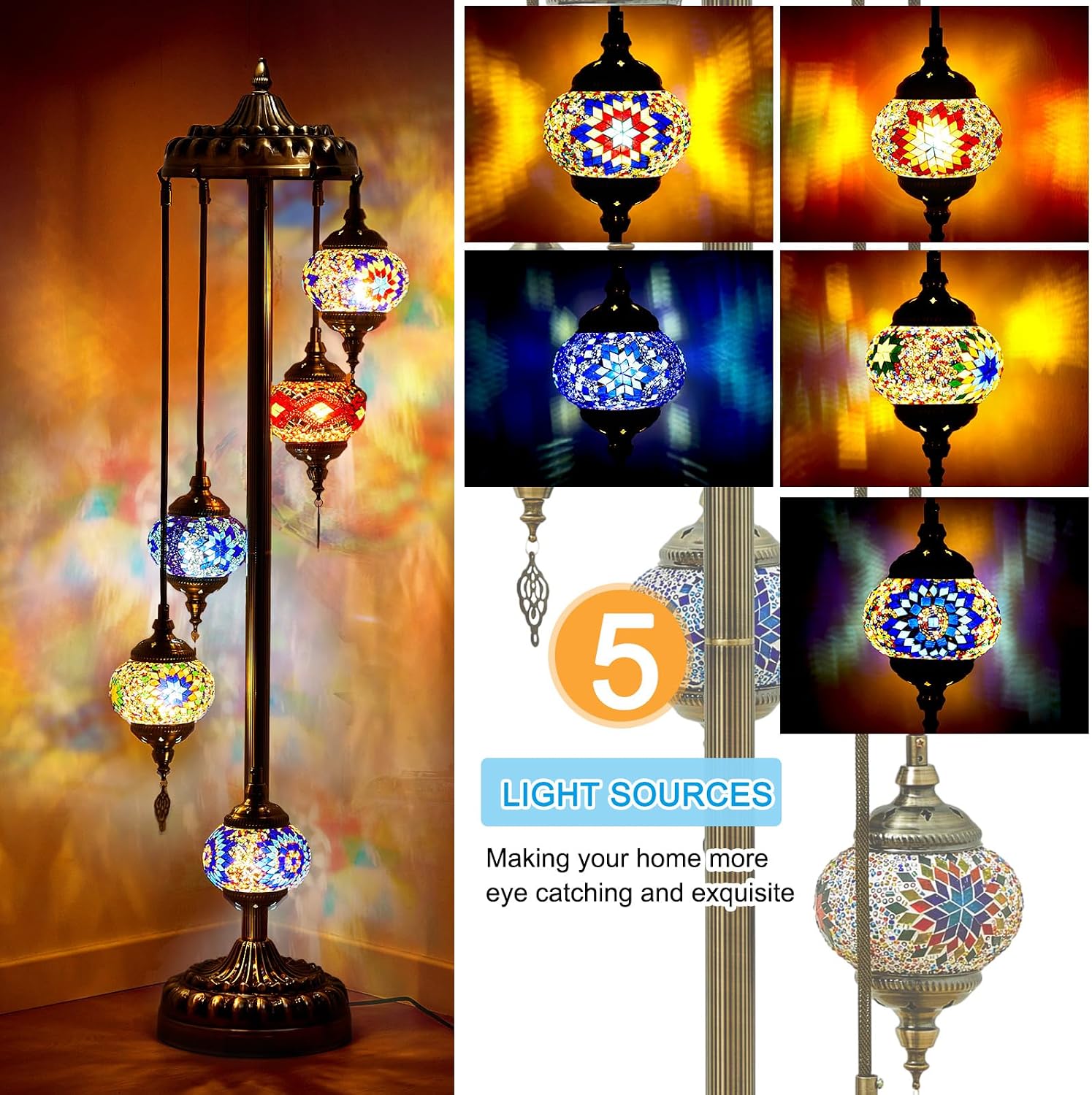 Hortsun Turkish Lamp Moroccan Floor Lamp Handmade Globe Living Floor Lighting Bohemia Standing Lighting for Decorative Home Designs(Floor,5 Globes Style)
