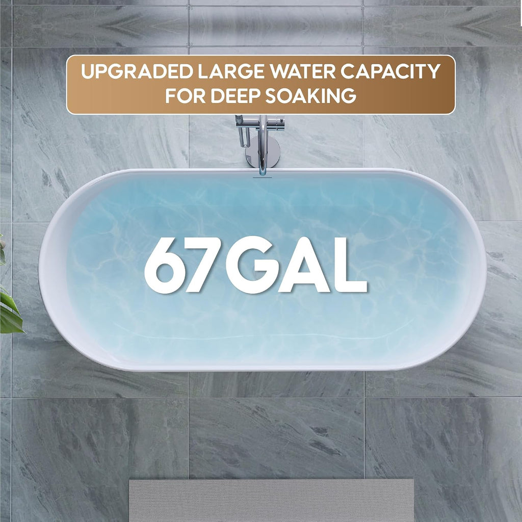 WELLFOR 60-Inch Freestanding Acrylic Bathtub with Chrome Bathtub Drain and Integrated Slotted Overflow, Freestanding Glossy White Soaking Bathtub, Acrylic Soaking Tub (Glossy White)