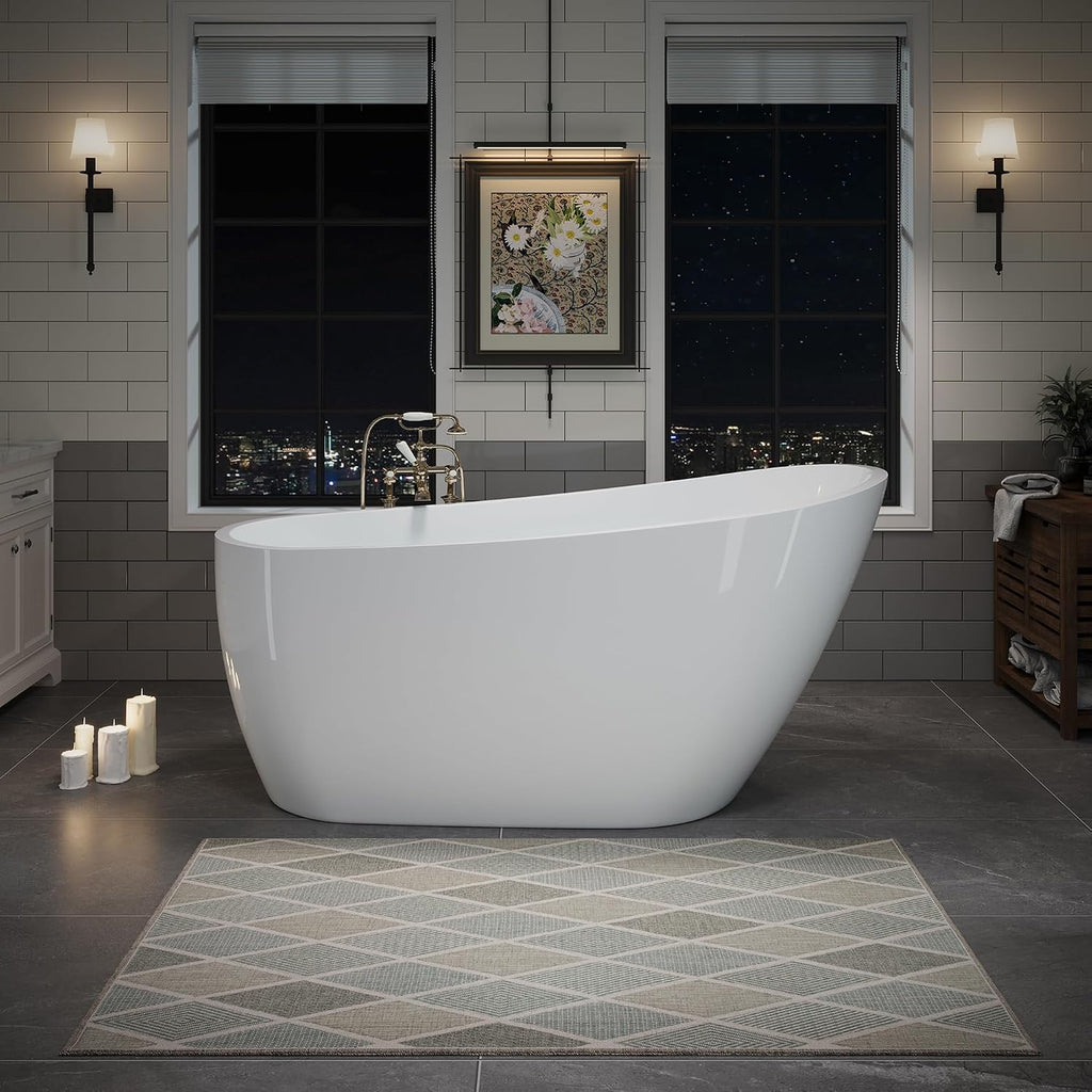 ABRUZZO 59'x27.56' Acrylic Freestanding Bathtub Contemporary Soaking Tub with Chrome Overflow and Drain High-Gloss White Finish cUPC Certified