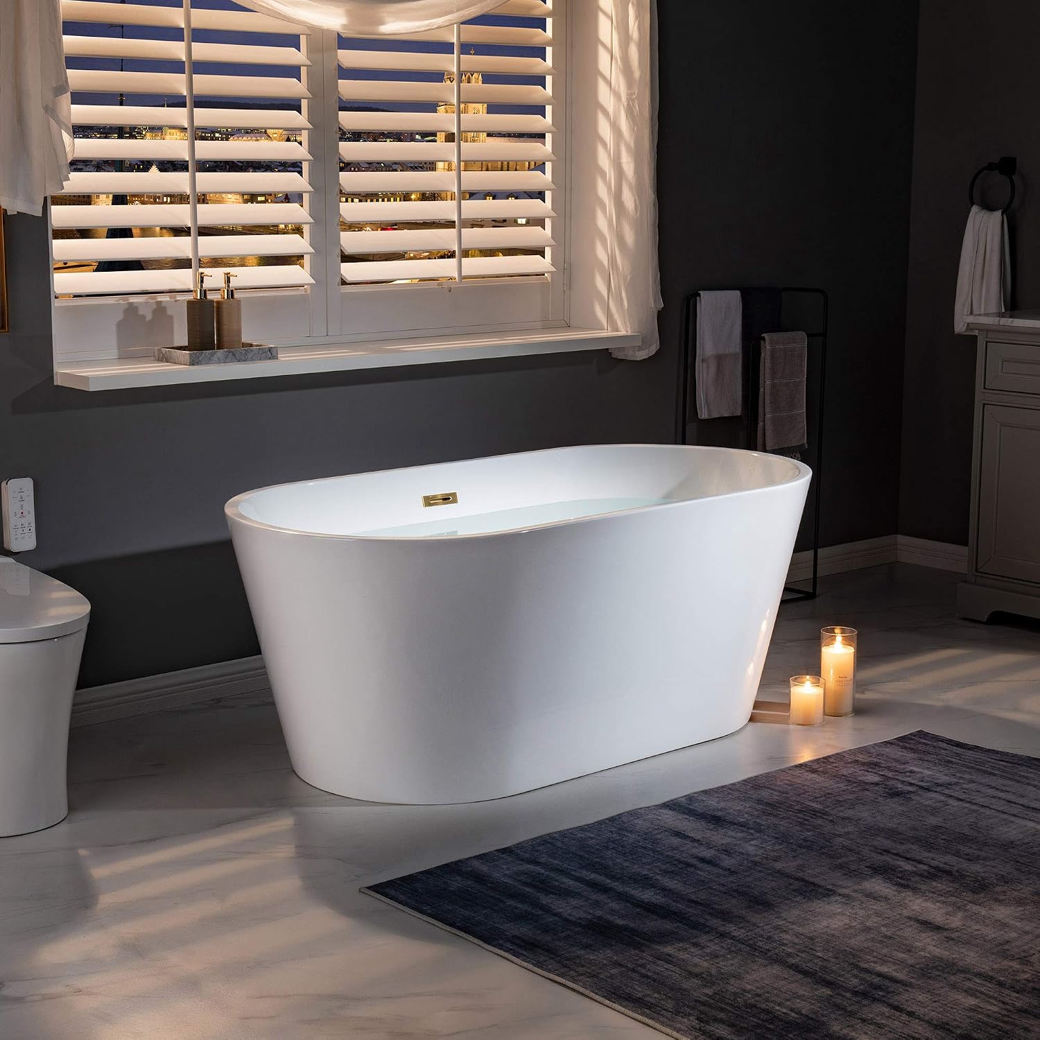 WOODBRIDGE 59' Freestanding White Acrylic Soaking Bathtub with Brushed Gold Drain and Overflow,BTA1514 -BG-Drain &O