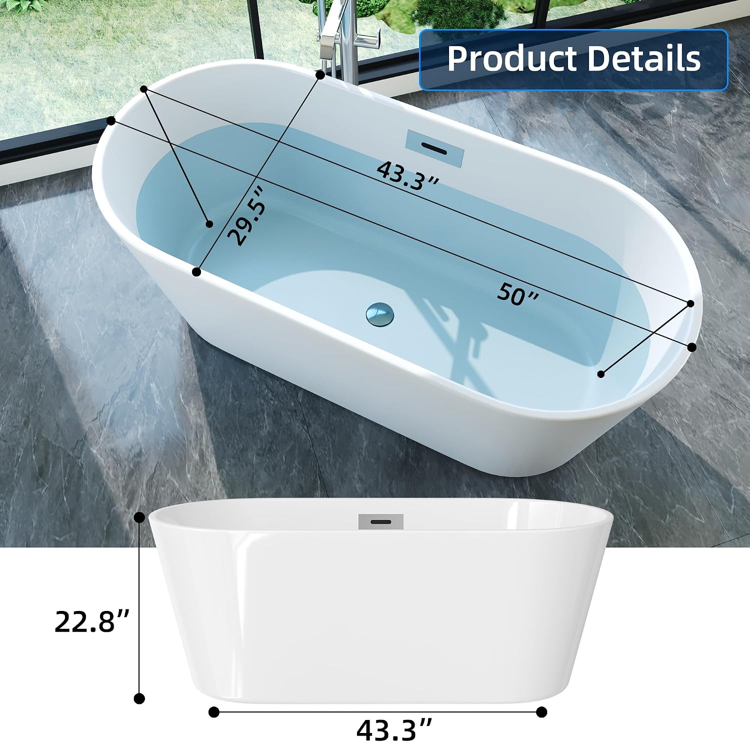 59' Acrylic Freestanding Bathtub, Stand Alone Soaking Tub In Black with Matte Silver Drain/Overflow Kit, Deep Soaker Bath for Bathroom Renovation, Quick Install, Luxurious Modern Design