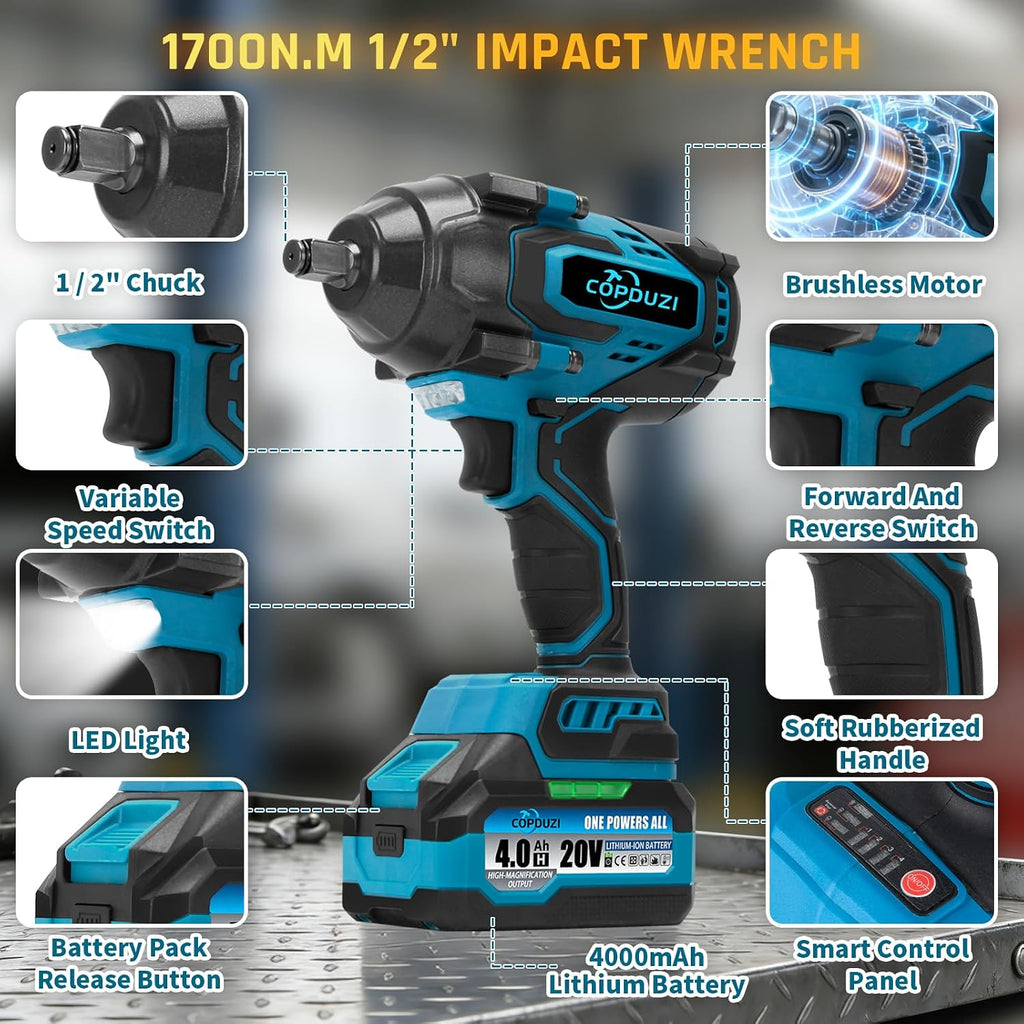 1700Nm 1/2' Cordless Impact Wrench, 1253 Ft-lbs Brushless Impact Gun, 20V High Torque Impact Driver with 2 x 4.0Ah Batteries 6 Sockets & Case, Pistola De Impacto for Home Car Tire Heavy Truck