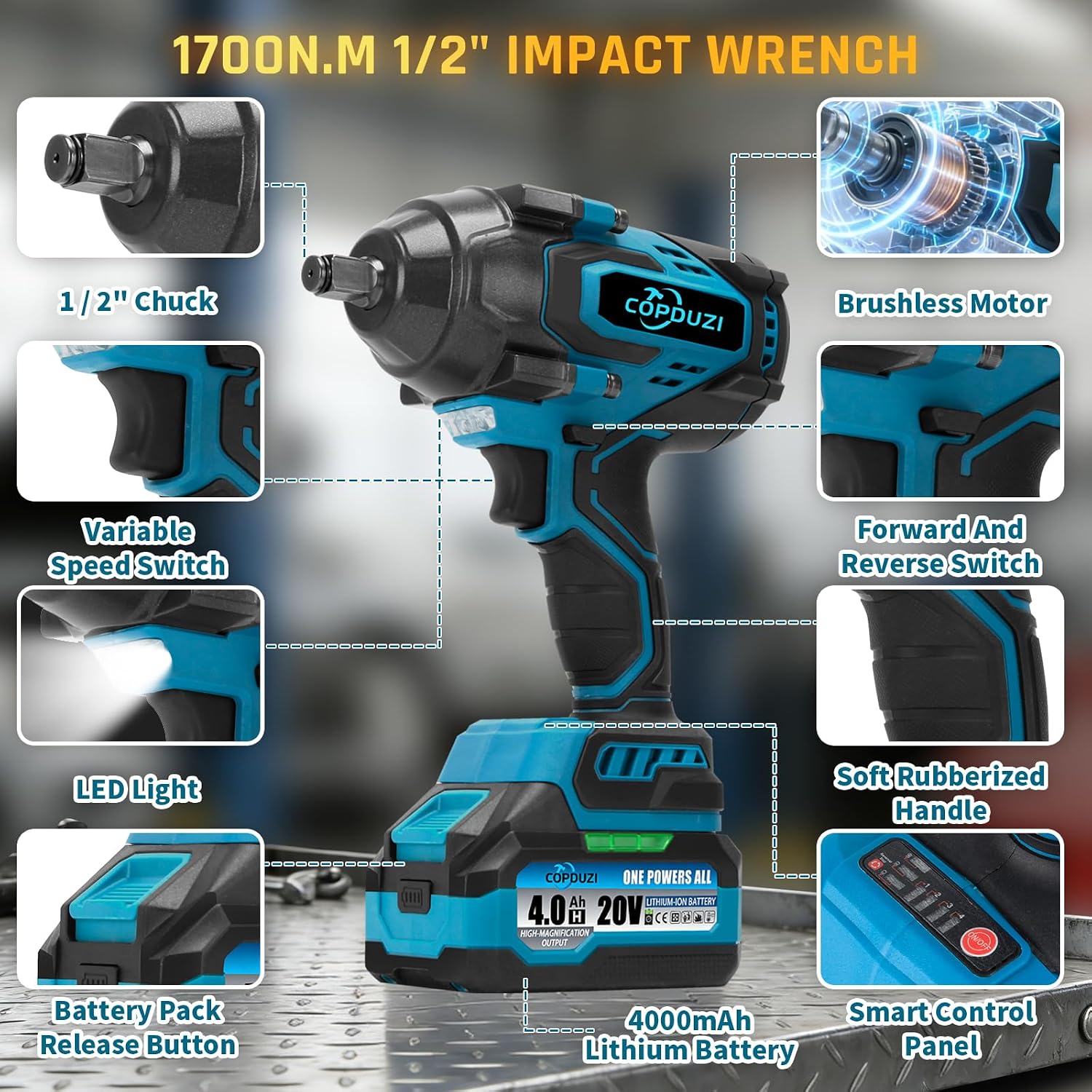 1700Nm 1/2' Cordless Impact Wrench, 1253 Ft-lbs Brushless Impact Gun, 20V High Torque Impact Driver with 2 x 4.0Ah Batteries 6 Sockets & Case, Pistola De Impacto for Home Car Tire Heavy Truck