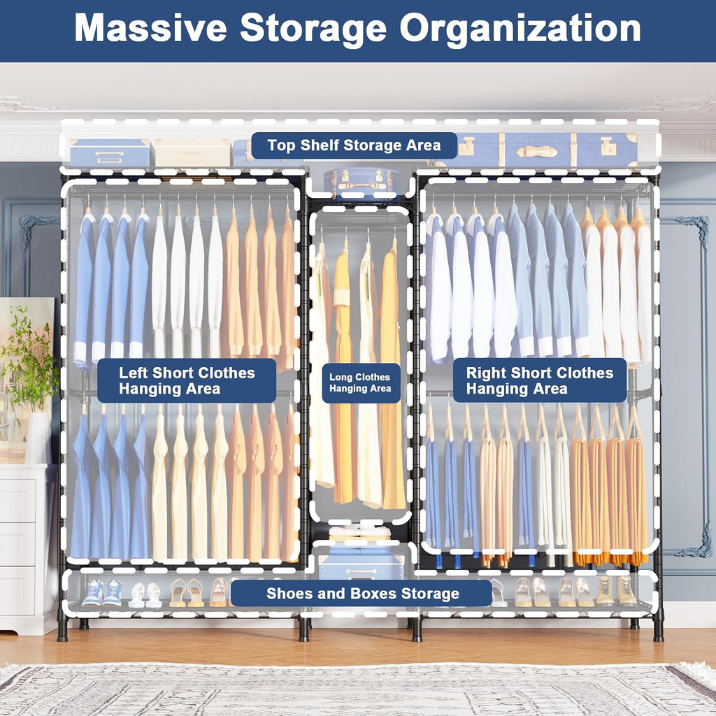 Ulif E12C and E13C Heavy Duty Closet Organizer System, Freestanding Clothing Racks for Hanging Clothes，Adjustable Garment Rack, Black Clothing Rack with Black Dustproof Cover