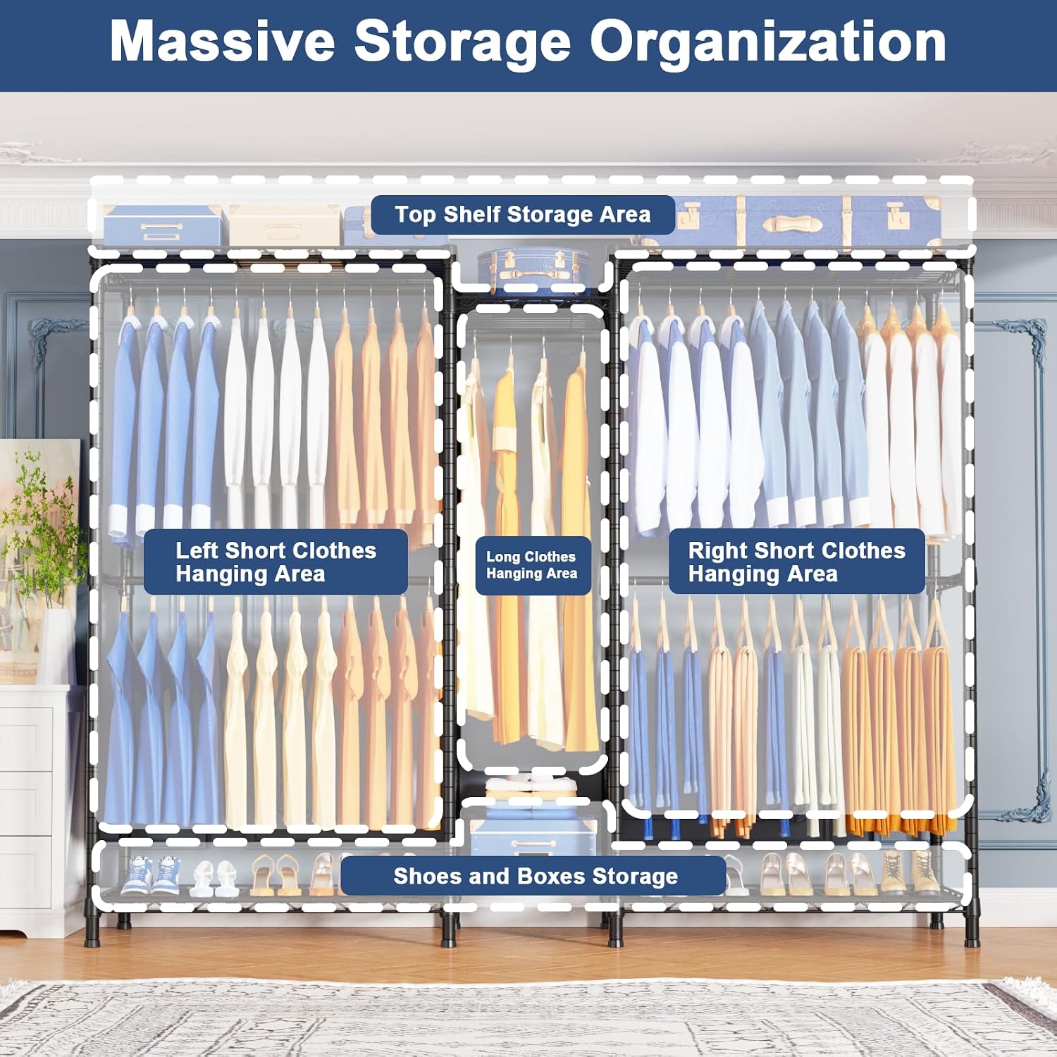 Ulif E12C and E13C Heavy Duty Closet Organizer System, Freestanding Clothing Racks for Hanging Clothes，Adjustable Garment Rack, Black Clothing Rack with Black Dustproof Cover