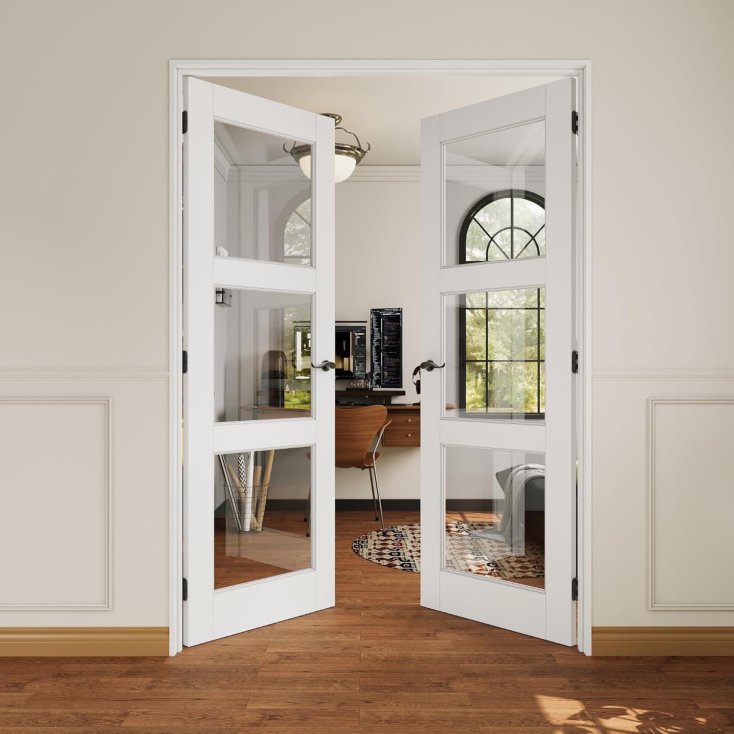 French Door 56' x 80' (Double 28' x 80') 3-Lite Clear Glass Door Slabs with Pre-Hung Jamb, Black Hinges, Levers and Latch, White Primed, French Interior Doors with Frame, Swing Double Bedroom Doors