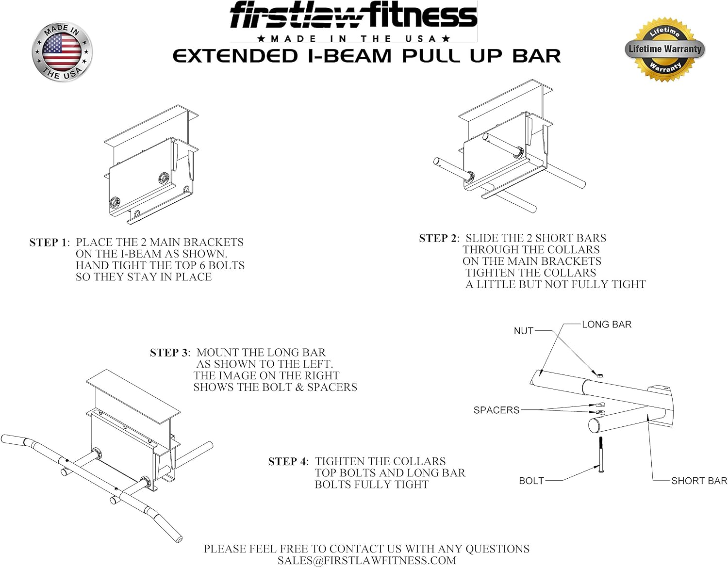 Firstlaw Fitness 600 LBS Limit - 12' Drop I-Beam Pull Up Bar - Bent Bar - Rubber Grips