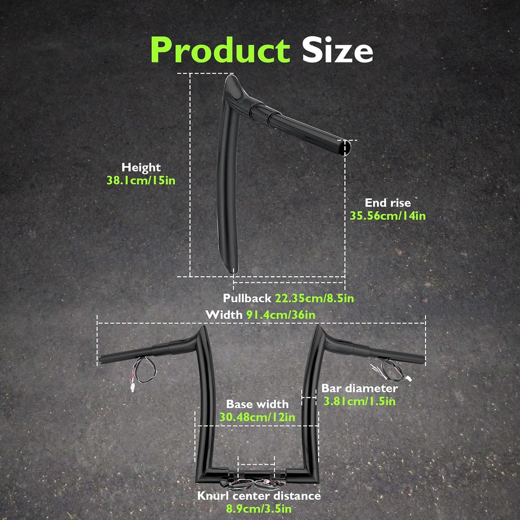 Mofun 14' Rise Pre-wired Handlebars Horn Style Ape Hangers 1.5' Fat 1' Clamp Compatible with Harley Softail 2011-2024 Sportster 2011-2022 Dyna 2012-2017 Touring Road King 2015-Later, Gloss Black