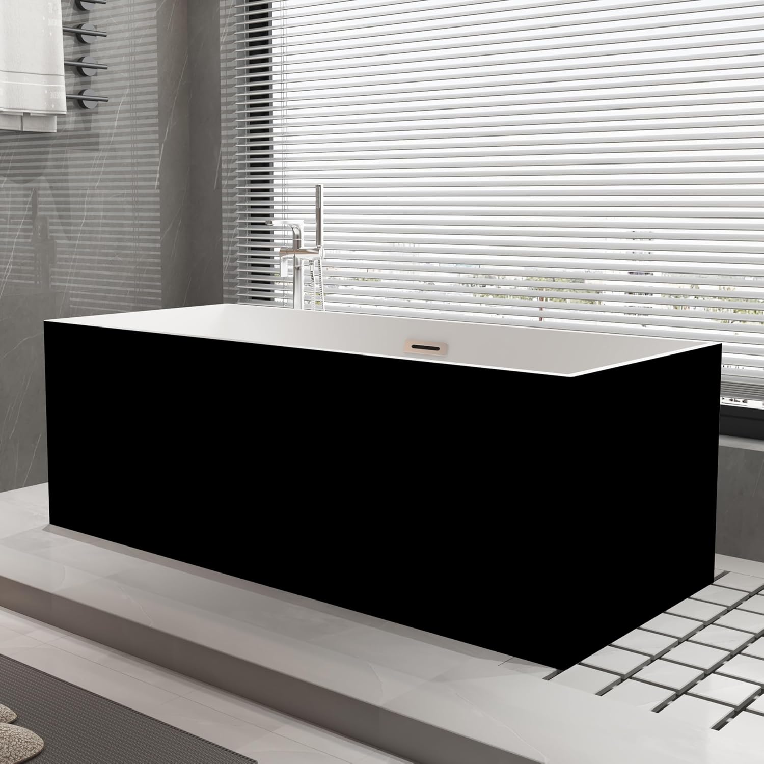 59 inch Black Freestanding Square Soaking Bathtub, Modern Stand Alone Free Standing Acrylic Tub with Center Chrome Drain & Overflow