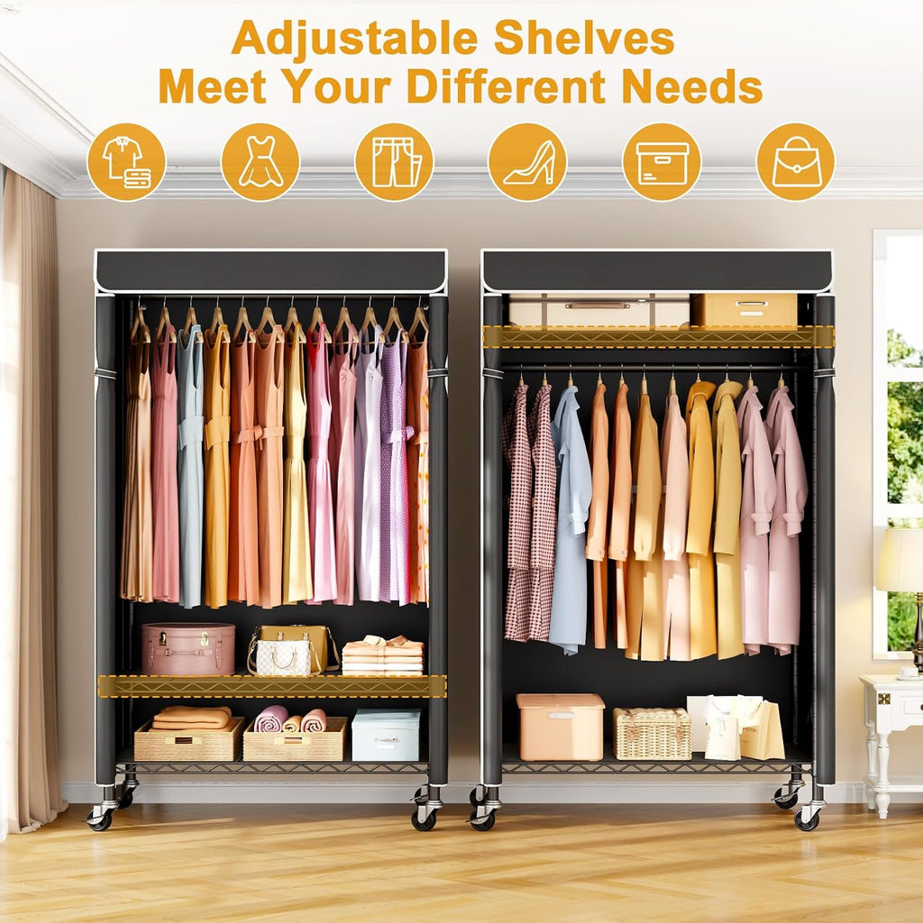 ULIFHOME P6C Rolling Clothes Rack with Cover, Covered Clothing Racks Heavy Duty, Portable Closet for Hanging Clothes, Garment Racks on Wheels, Black Closet Rack with Black Cover, Max Load 365LBS