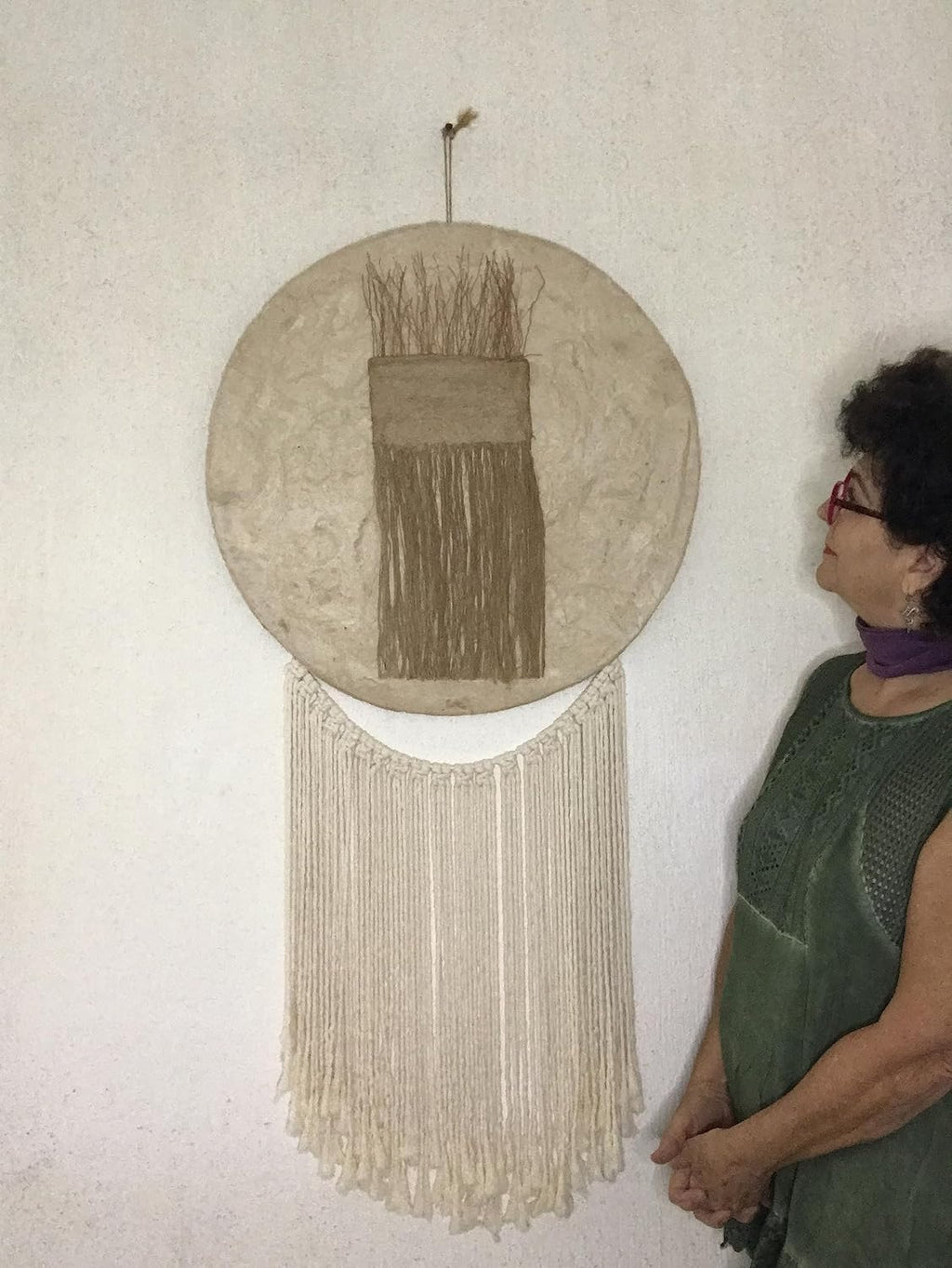 KIM. Round wall hanging. Fiber wall Art. Textile Art. Cotton and macrame Art. Bark tree paper Amate paper tapestry. Boho art home decor. From Mexico