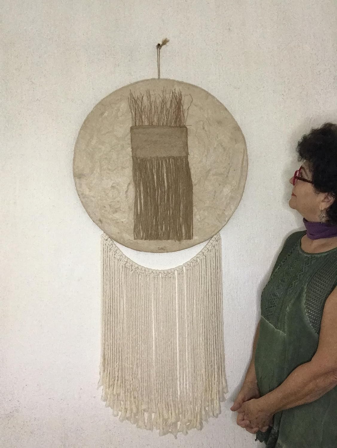 KIM. Round wall hanging. Fiber wall Art. Textile Art. Cotton and macrame Art. Bark tree paper Amate paper tapestry. Boho art home decor. From Mexico