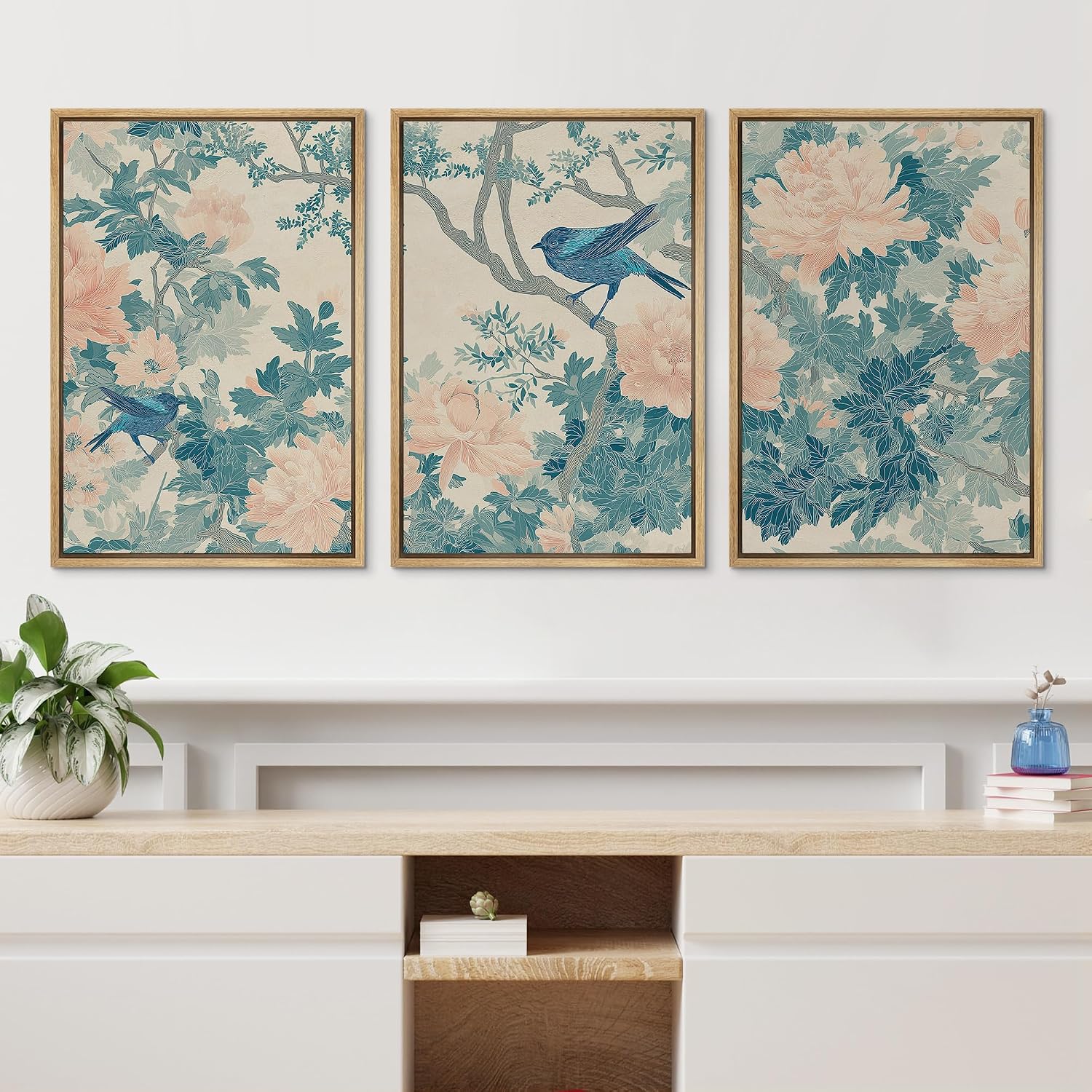 wall26 Framed Print Wall Art Set Elegant Blue Bird and Peony Floral Pattern Decorative Minimal Relax/Zen for Living Room, Bedroom, Office - 16'x24'x3 NATURAL