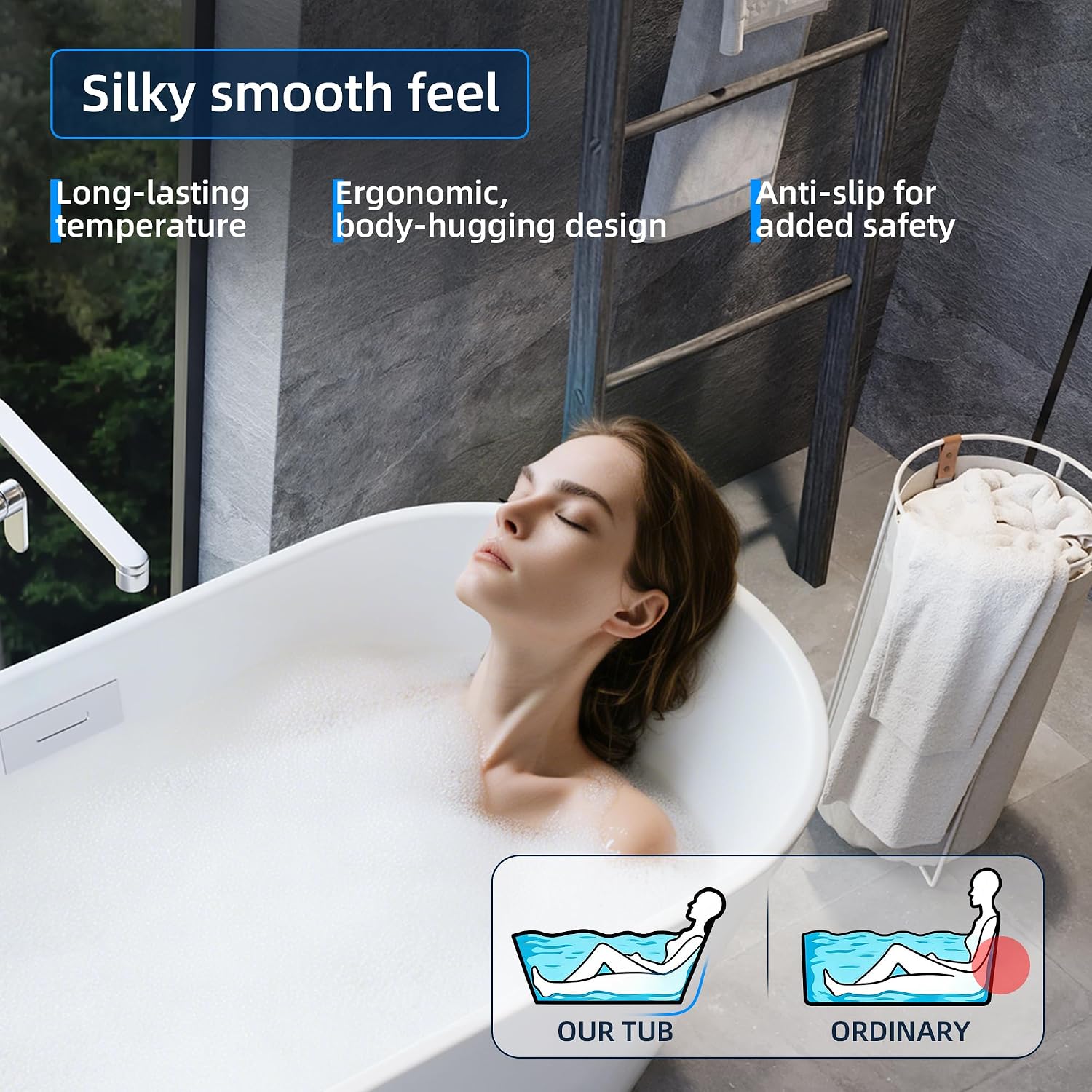59' Acrylic Freestanding Bathtub, Stand Alone Soaking Tub In Black with Matte Silver Drain/Overflow Kit, Deep Soaker Bath for Bathroom Renovation, Quick Install, Luxurious Modern Design