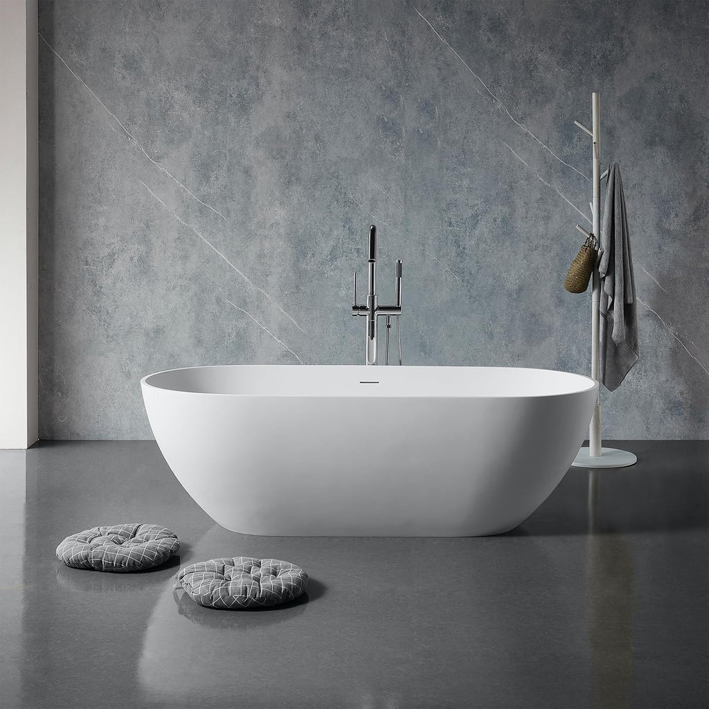 TONA 59' Stone Resin Freestanding Bathtub， Modern Oval Solid Surface Soaking Stand Alone Tub, Matte White, Drain & Overflow Included