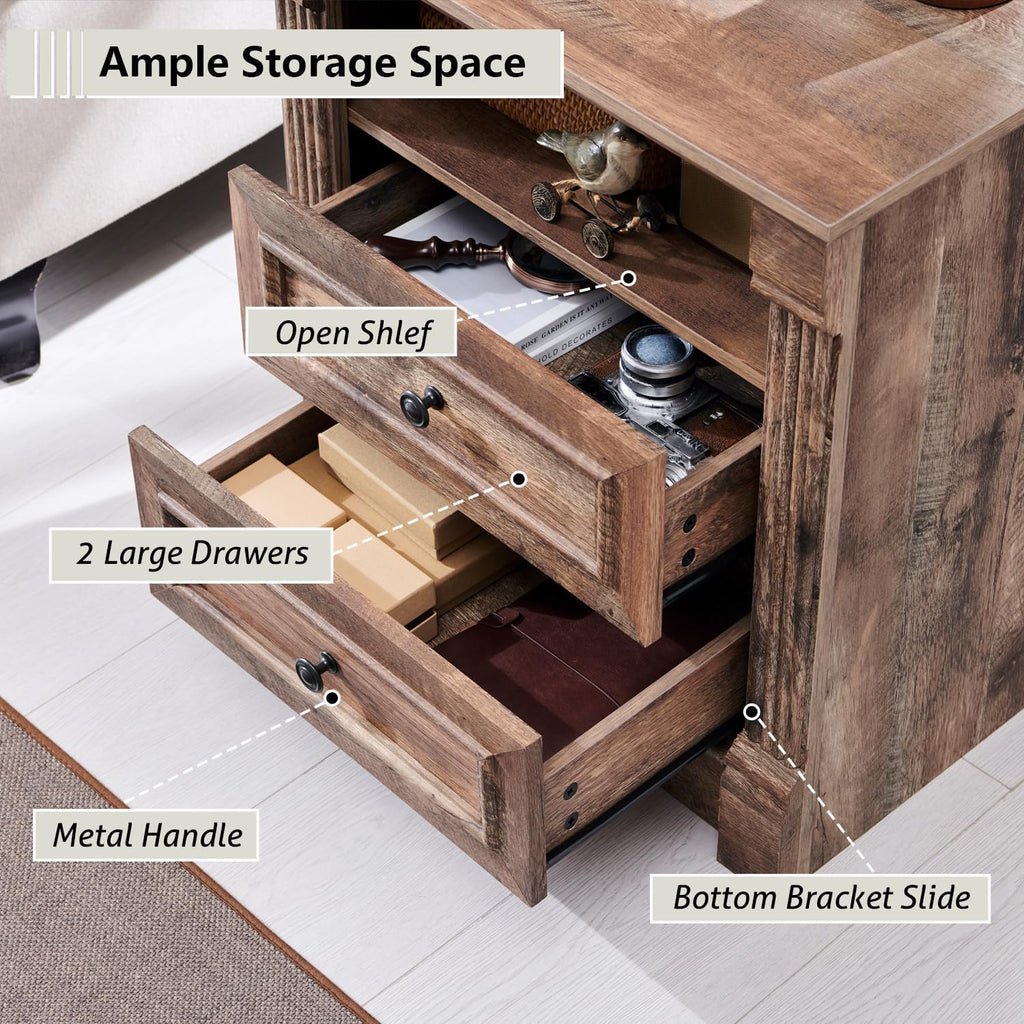 Aitjunz 26' Tall Nightstand with Charging Station, Farmhouse 23.6' Wide Large End Table w/Roman Column, Wood Rustic Side Table w/Open Shelf, 2 Drawers Dresser for Bedroom, Living Room, Light Brown